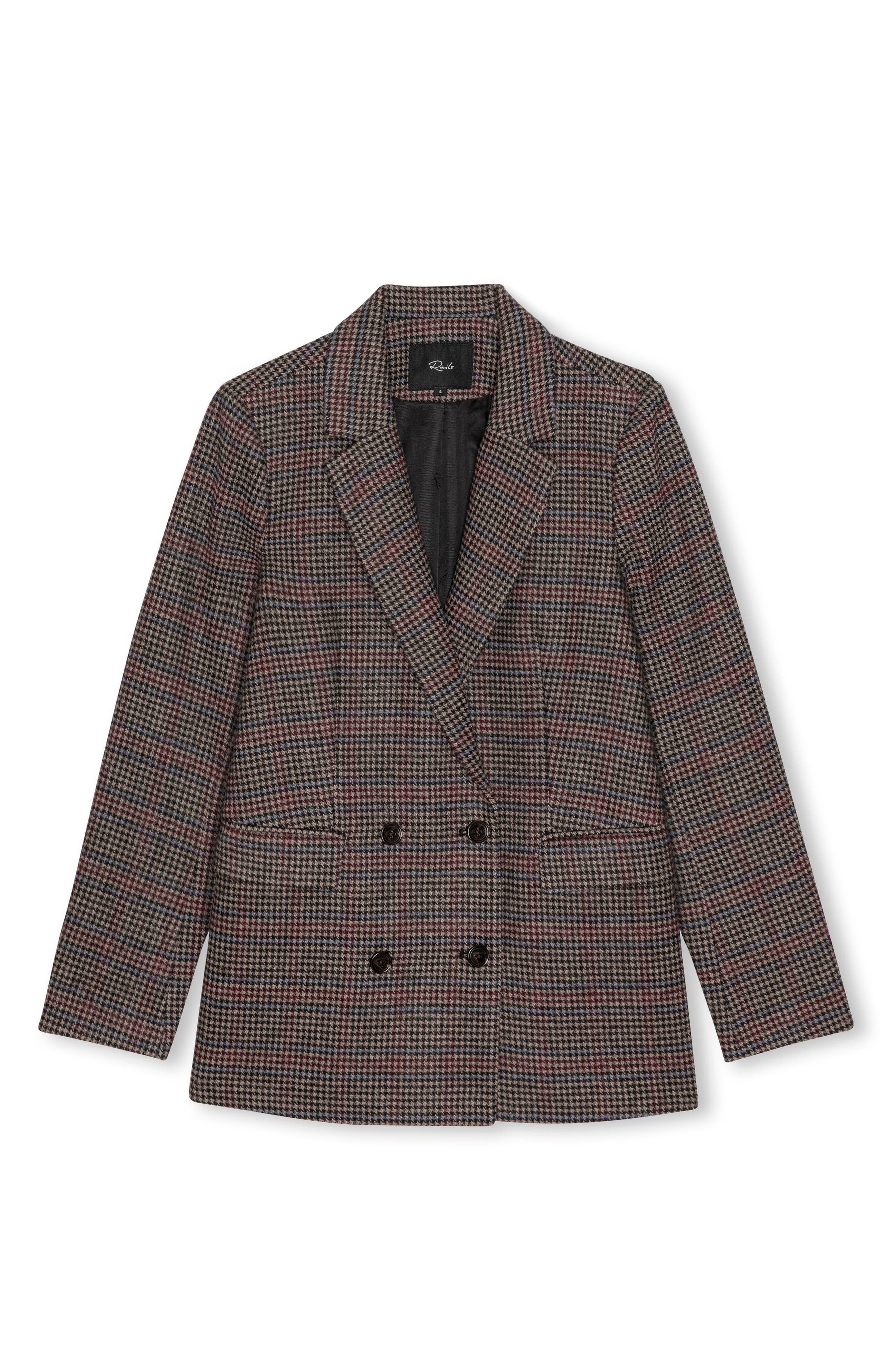 Rails JAC double-breasted blazer in Oxford Plum houndstooth plaid pattern on white background