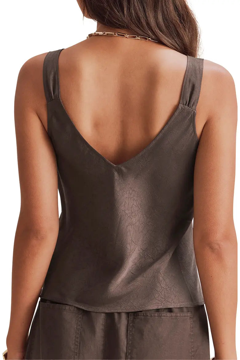 Splendid Penelope brown satin lace cami tank top with V-back and wide straps