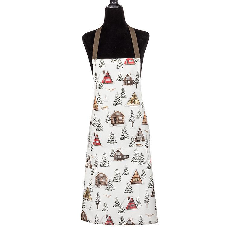 White holiday apron with winter cabin and snow-covered pine tree print pattern