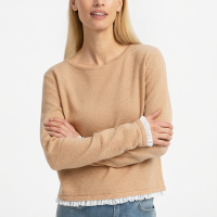 Camel fine knit sweater with white ruffle woven cuffs and crew neck