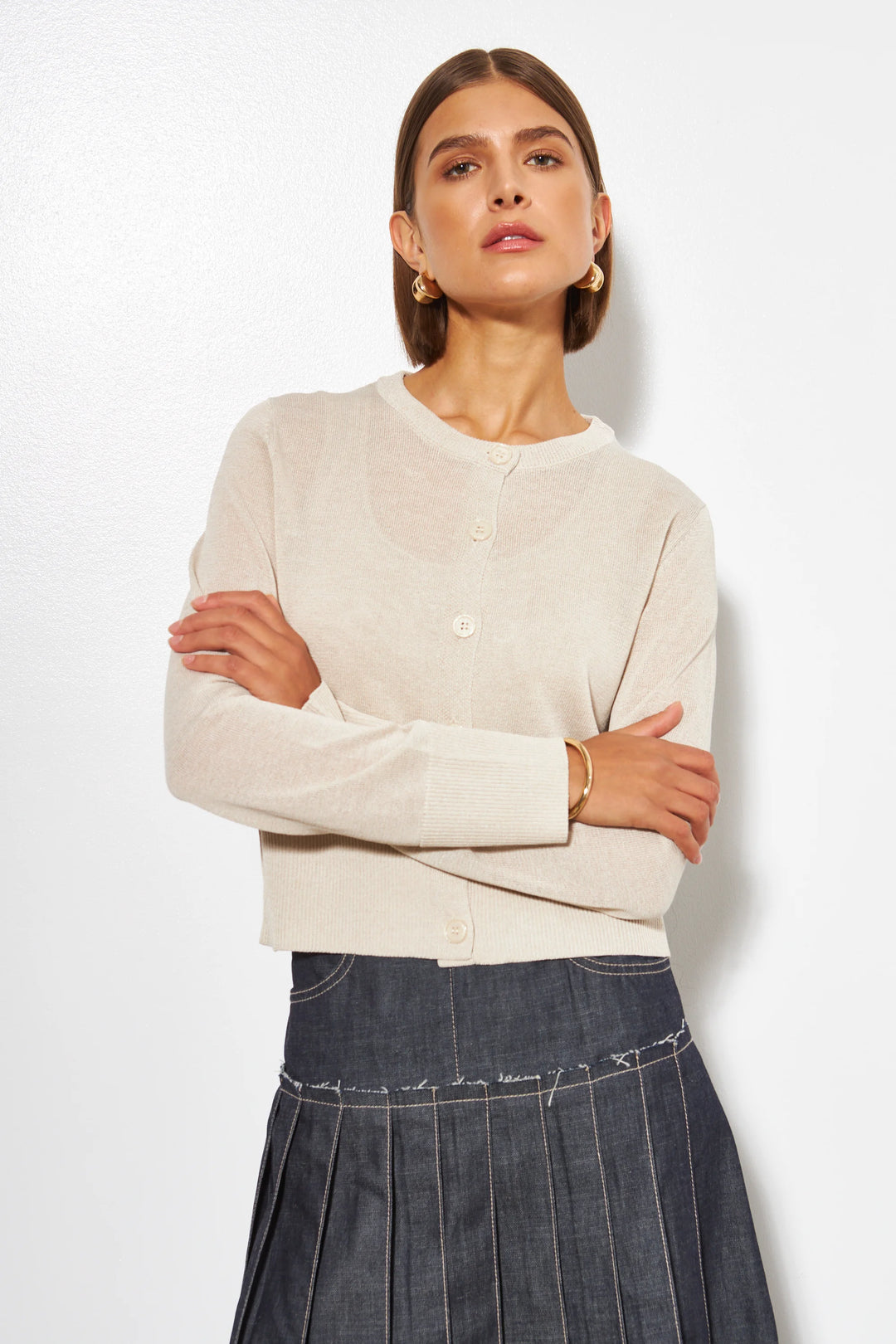Line the Label Norah Cardigan in cream knit with round neck and button front