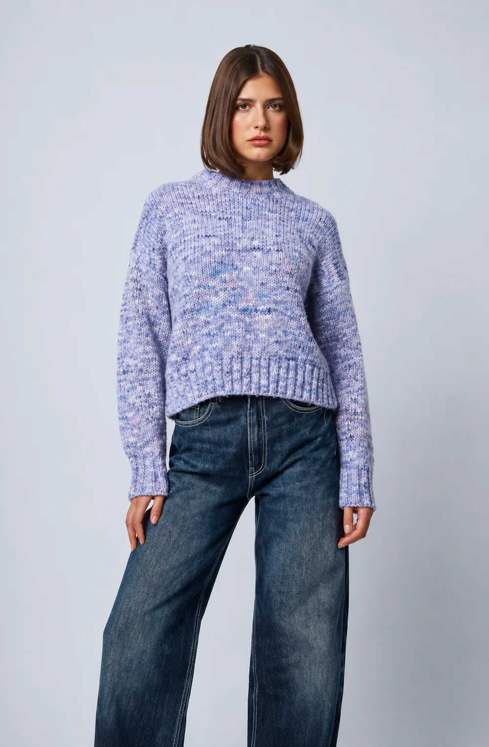 Violet fog marled knit cropped sweater with mock neck and long sleeves