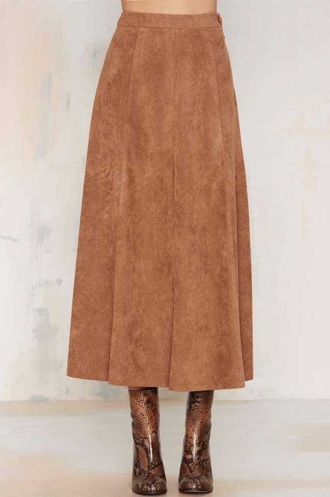 Camel vegan suede midi A-line skirt with snake print boots