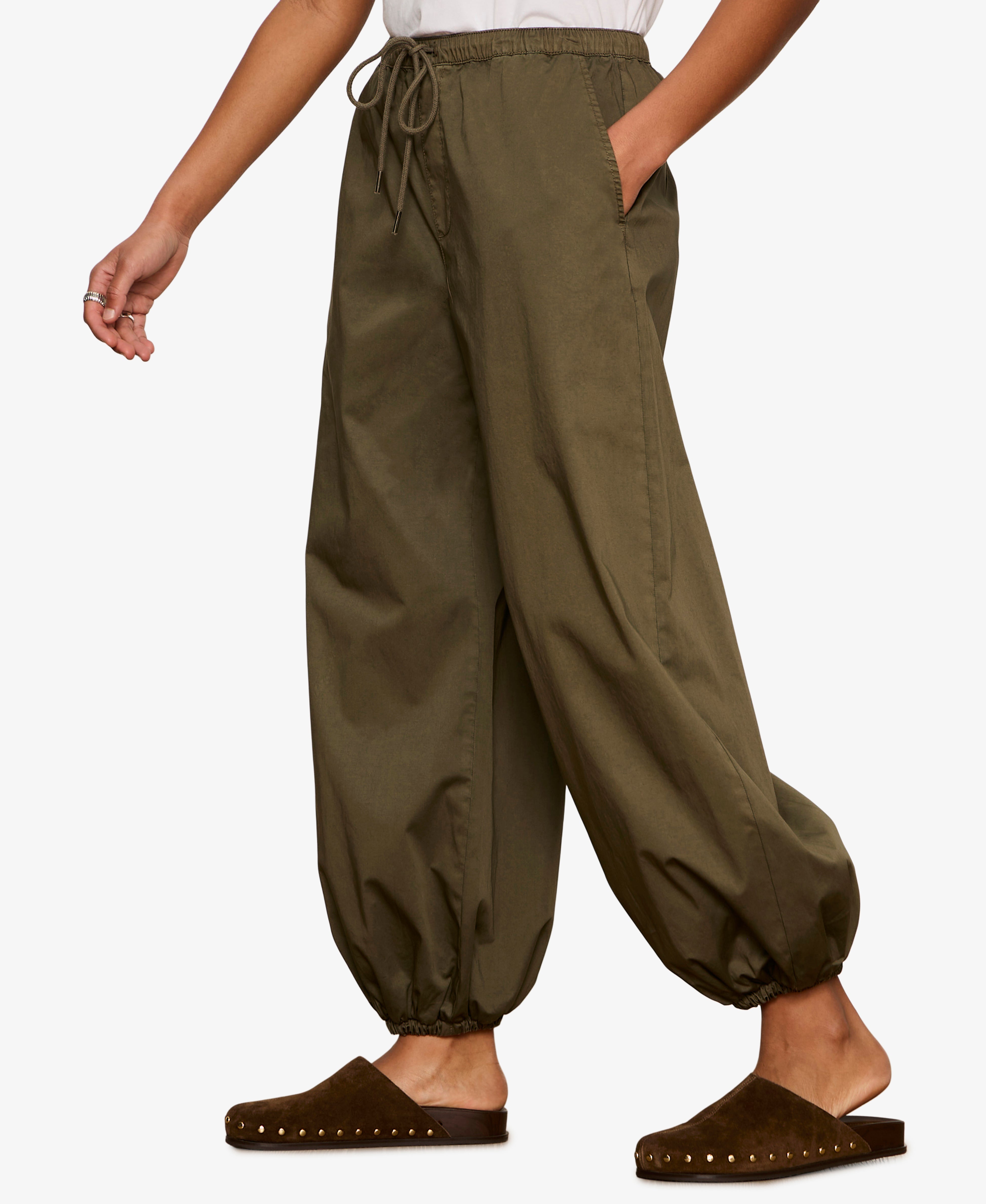 Sanctuary Float On Balloon pants in Kalamata olive green with drawstring waist and gathered ankles