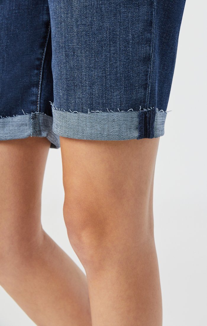 ALEXIS DARK FRAYED HEM FEATHER BLUE DENIM SHORTS