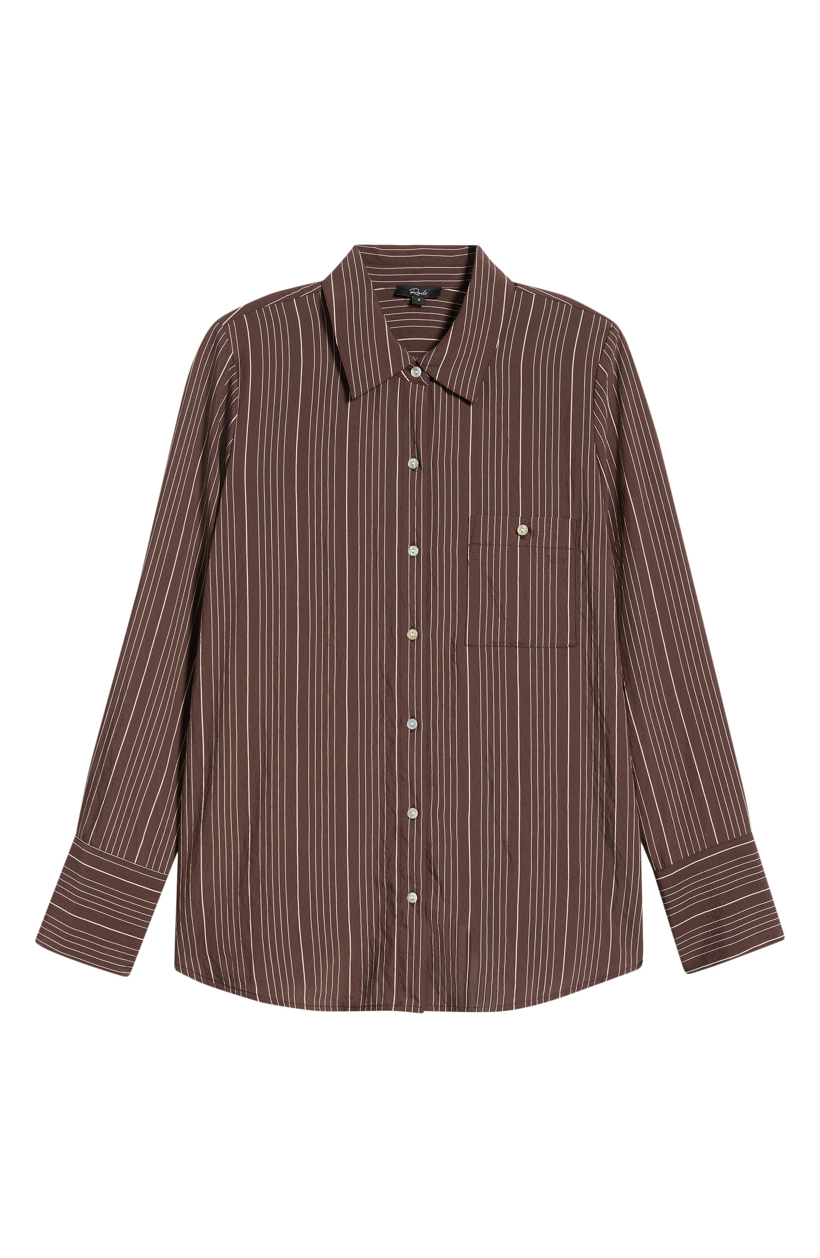 Rails Beck button-down shirt in hickory brown with thin white vertical pinstripes and chest pocket