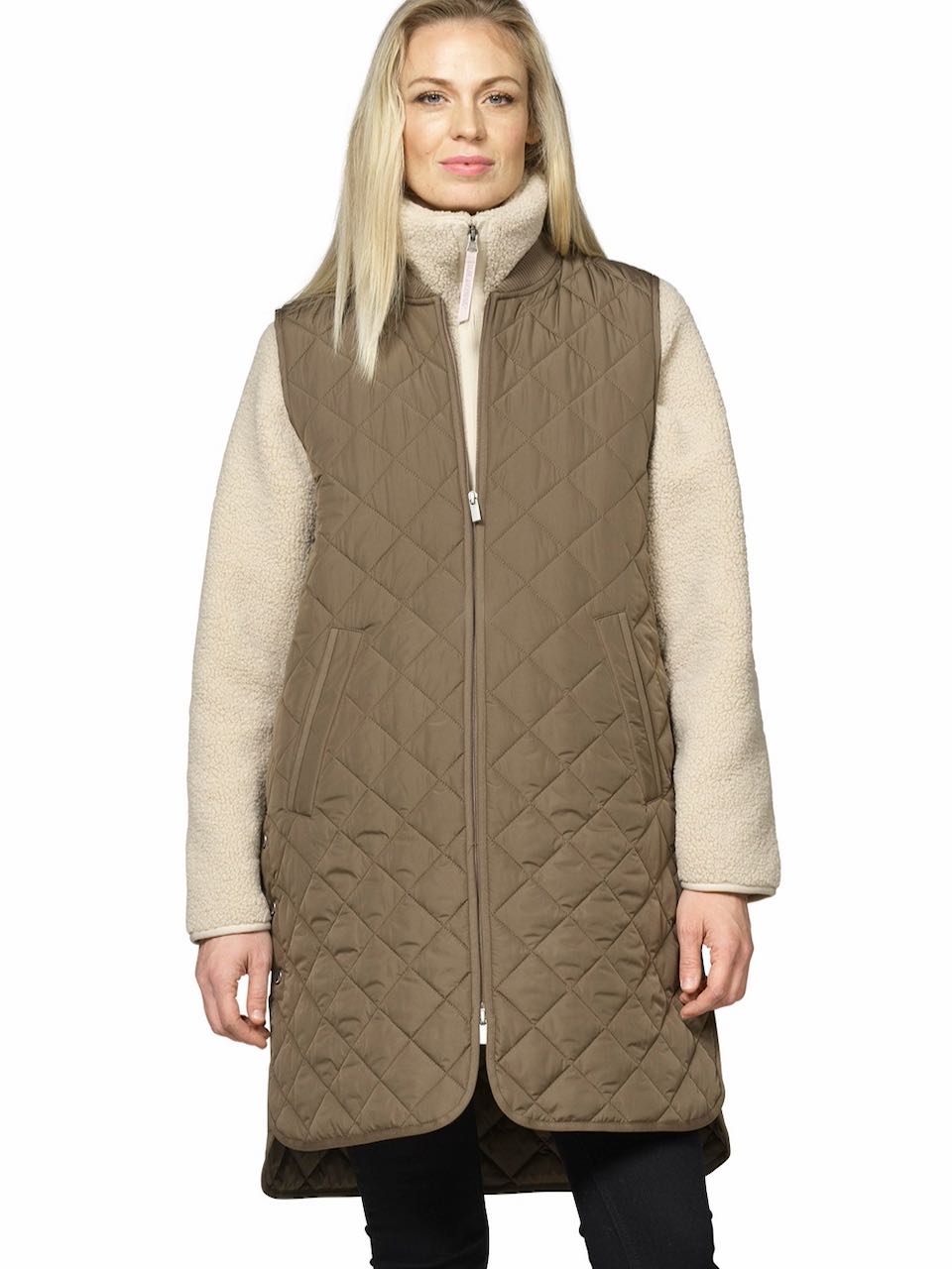 Ilse Jacobsen khaki quilted long vest with diamond pattern and zip closure