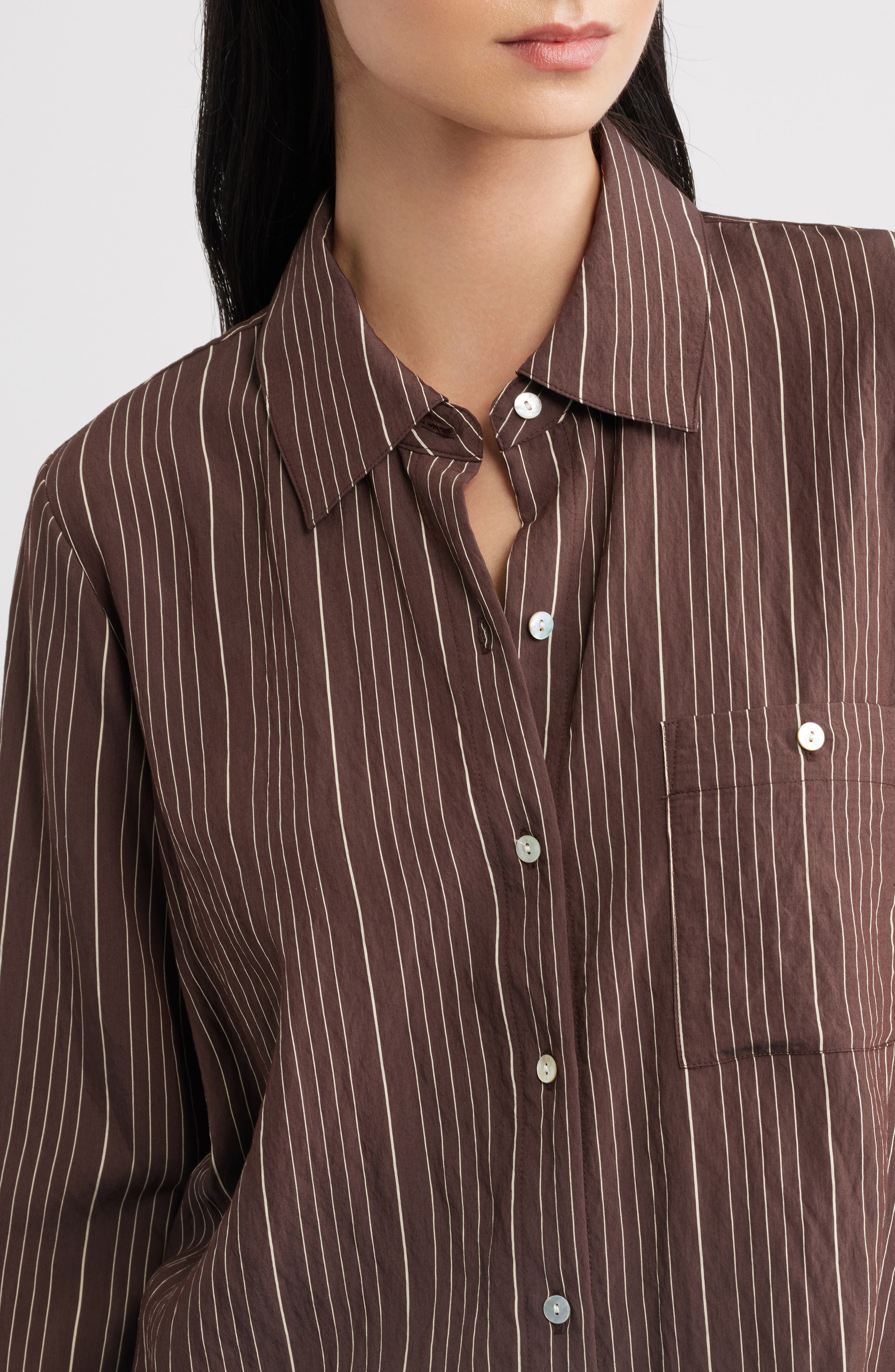 Close-up detail of Rails BECK shirt in hickory brown pinstripe with mother-of-pearl buttons