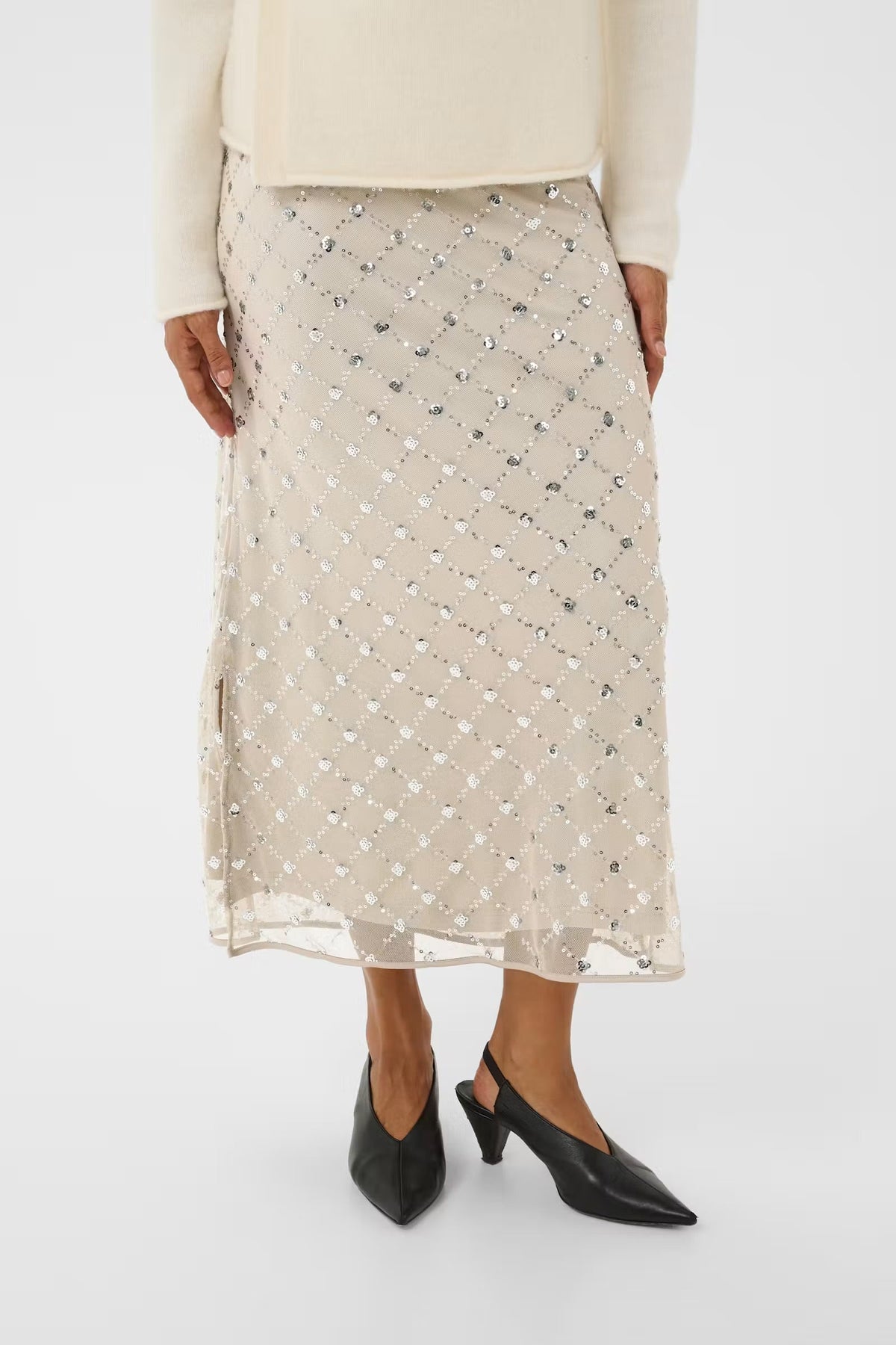 Part Two Vivika midi skirt in beige mesh with silver sequin diamond pattern