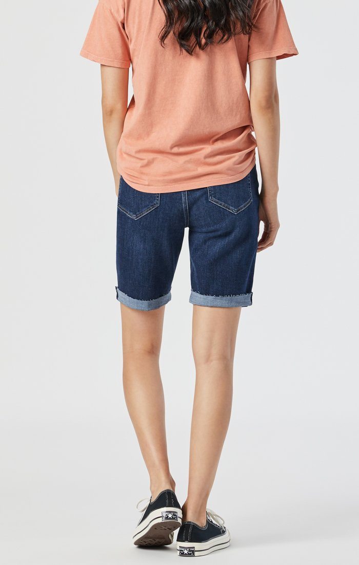 ALEXIS DARK FRAYED HEM FEATHER BLUE DENIM SHORTS