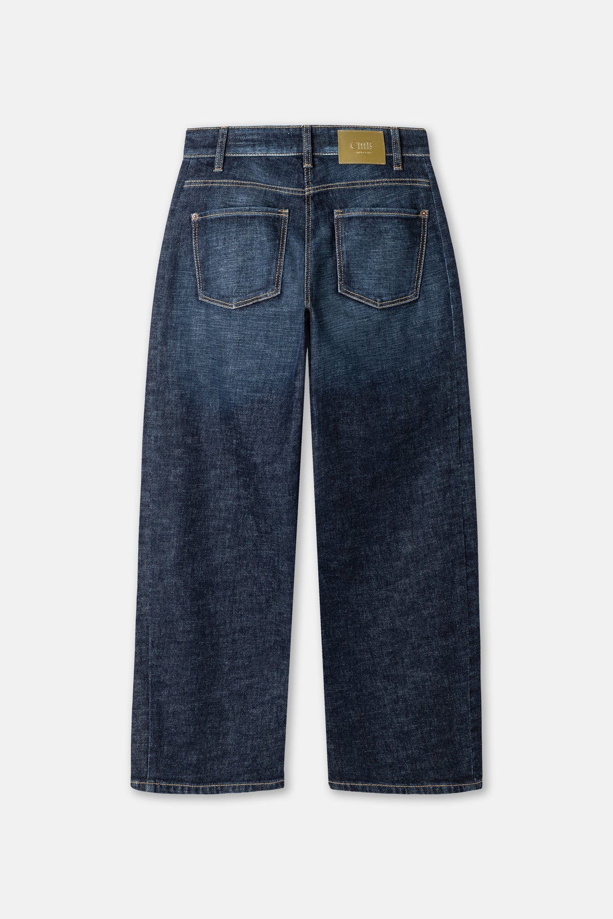 Back view of Cambio Oria Cross wide-leg dark wash denim jeans with gold label