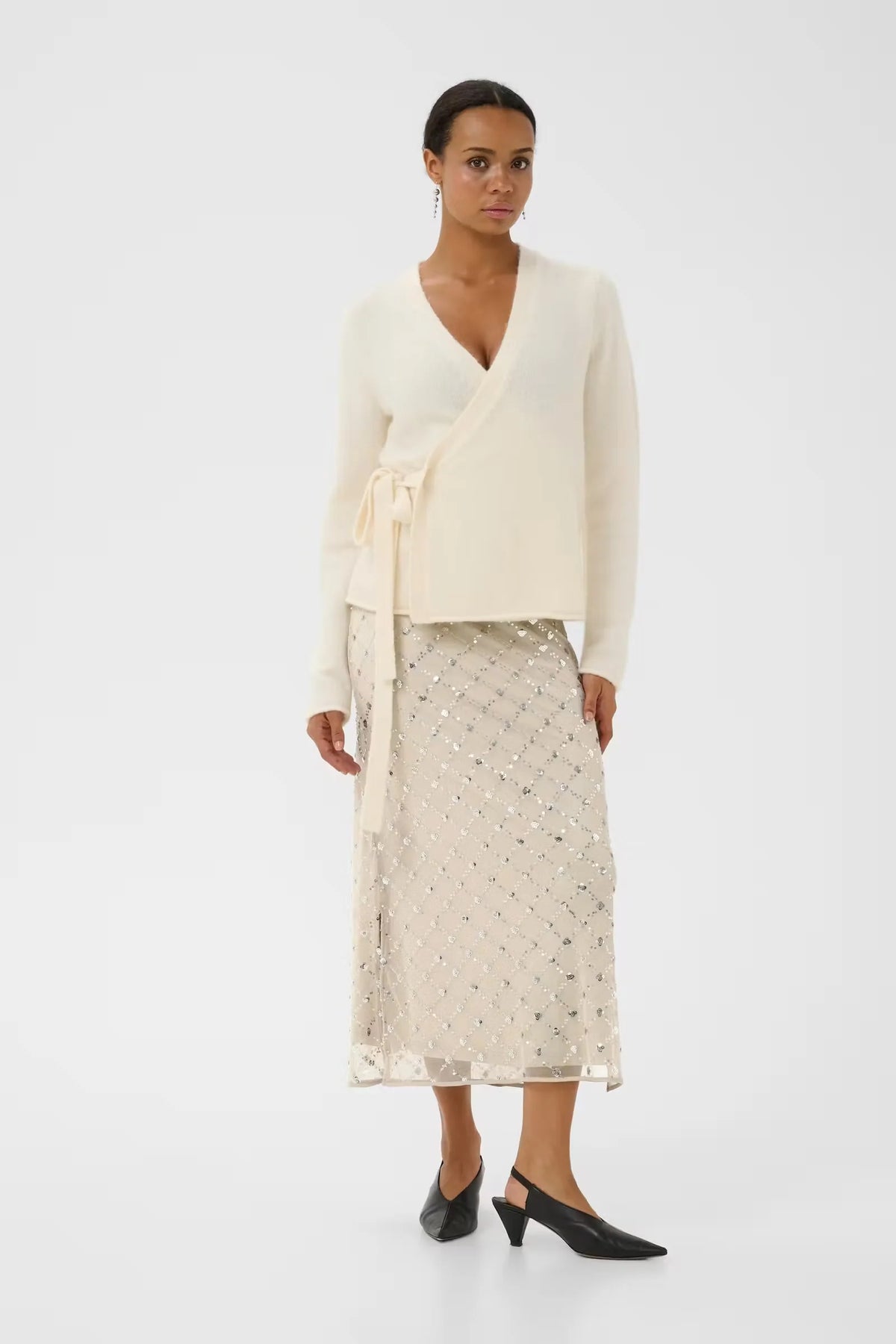Vivika midi skirt in cream with silver sequin embellishment and sheer overlay