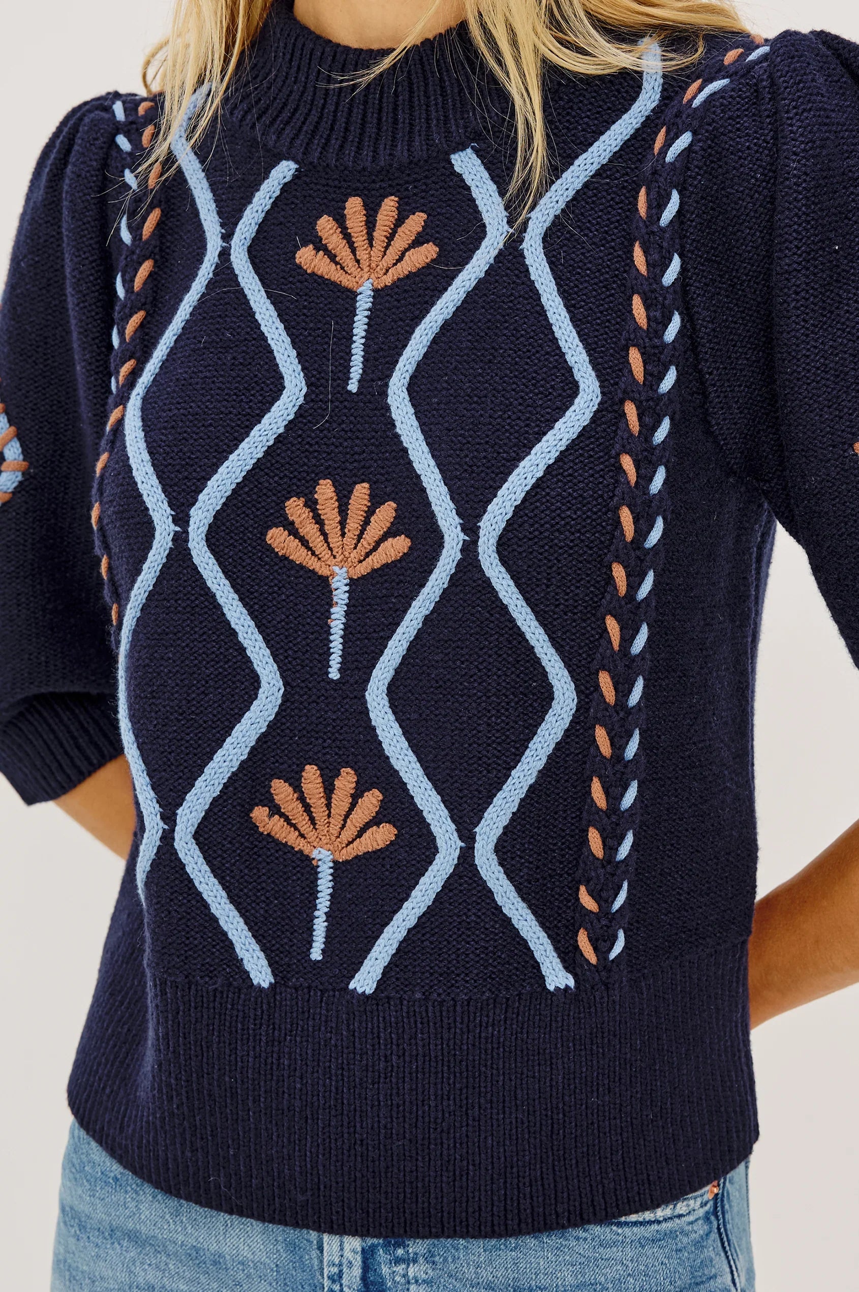 Close-up detail of navy knit sweater with light blue cable patterns and terracotta floral embroidery