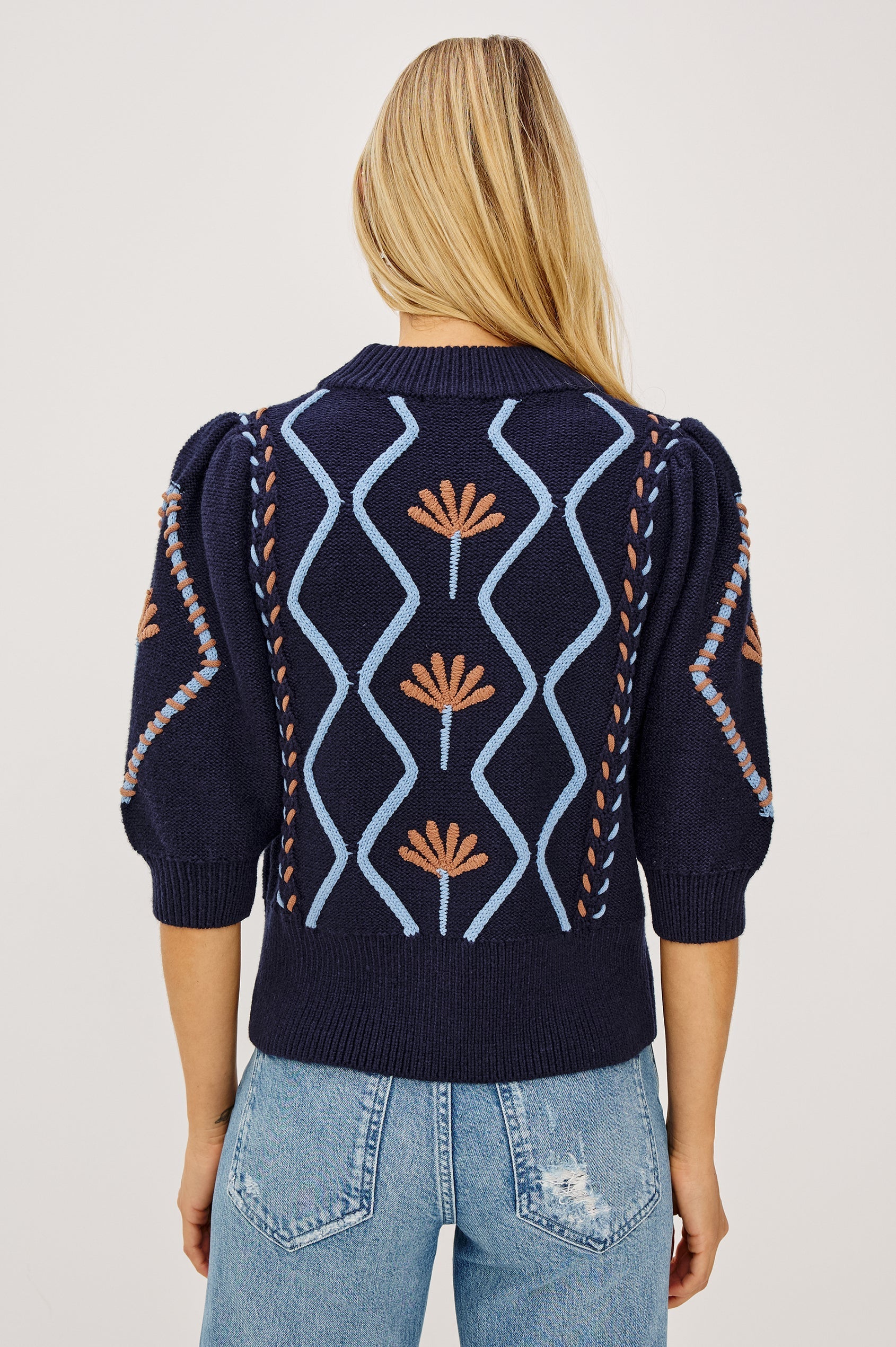 Back view of Rails Addy navy knit sweater with blue cable pattern and floral embroidery details