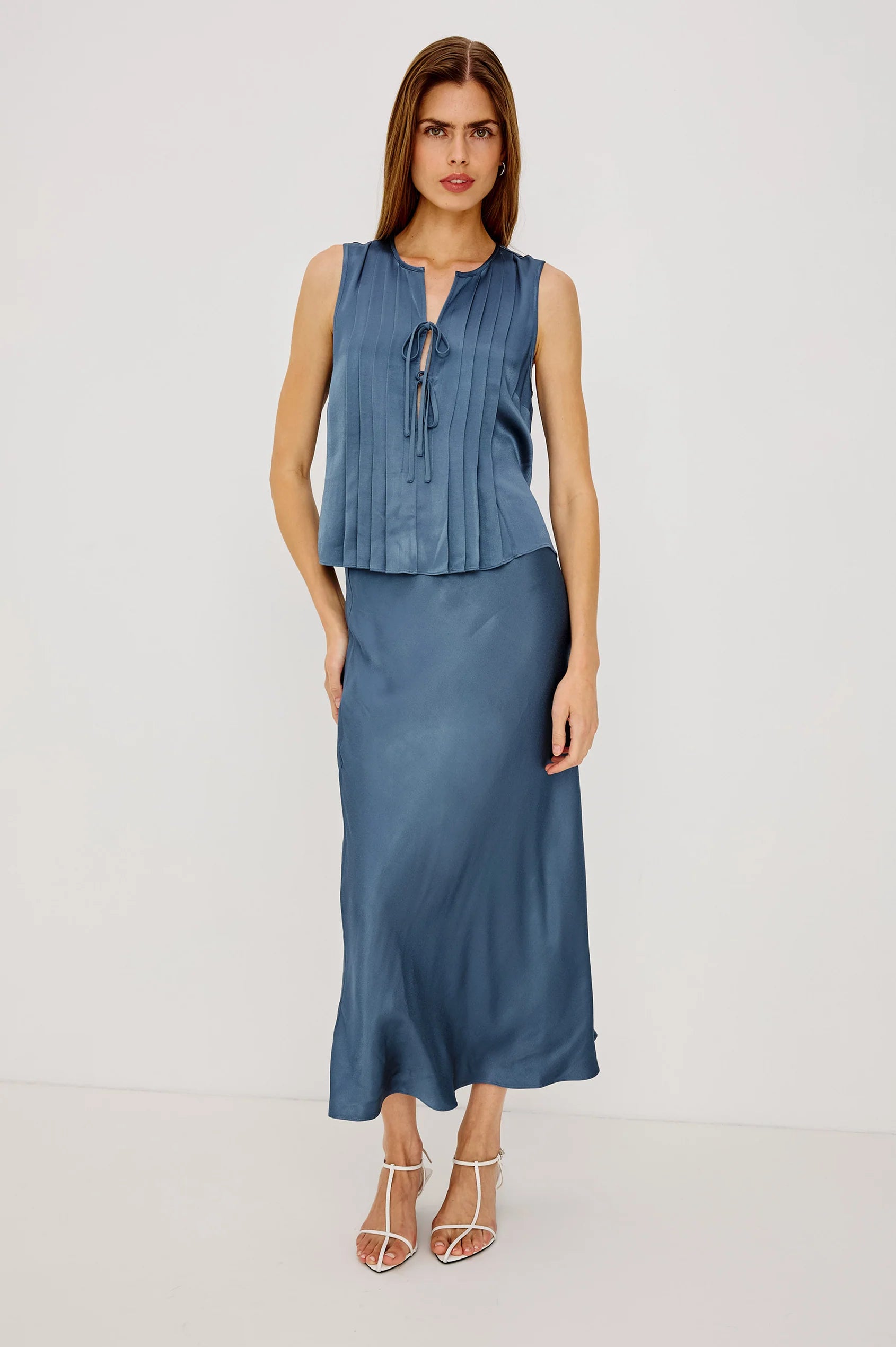 Rails Anya steel blue satin pleated sleeveless top and midi skirt set