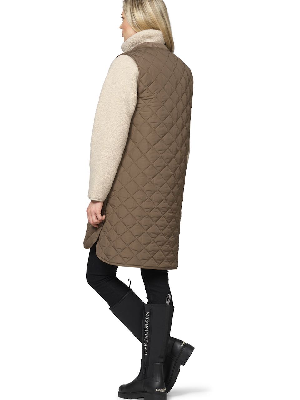 Ilse Jacobsen mud brown quilted longline vest with diamond pattern, back view