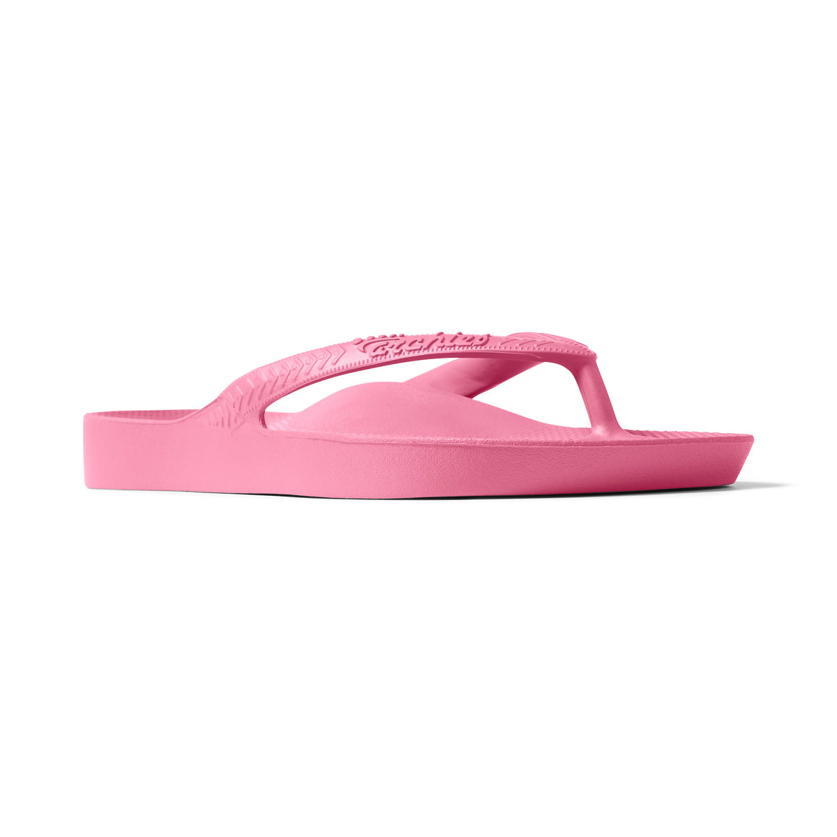 Archies Arch Support Flip Flops in hot pink, side profile view on white background