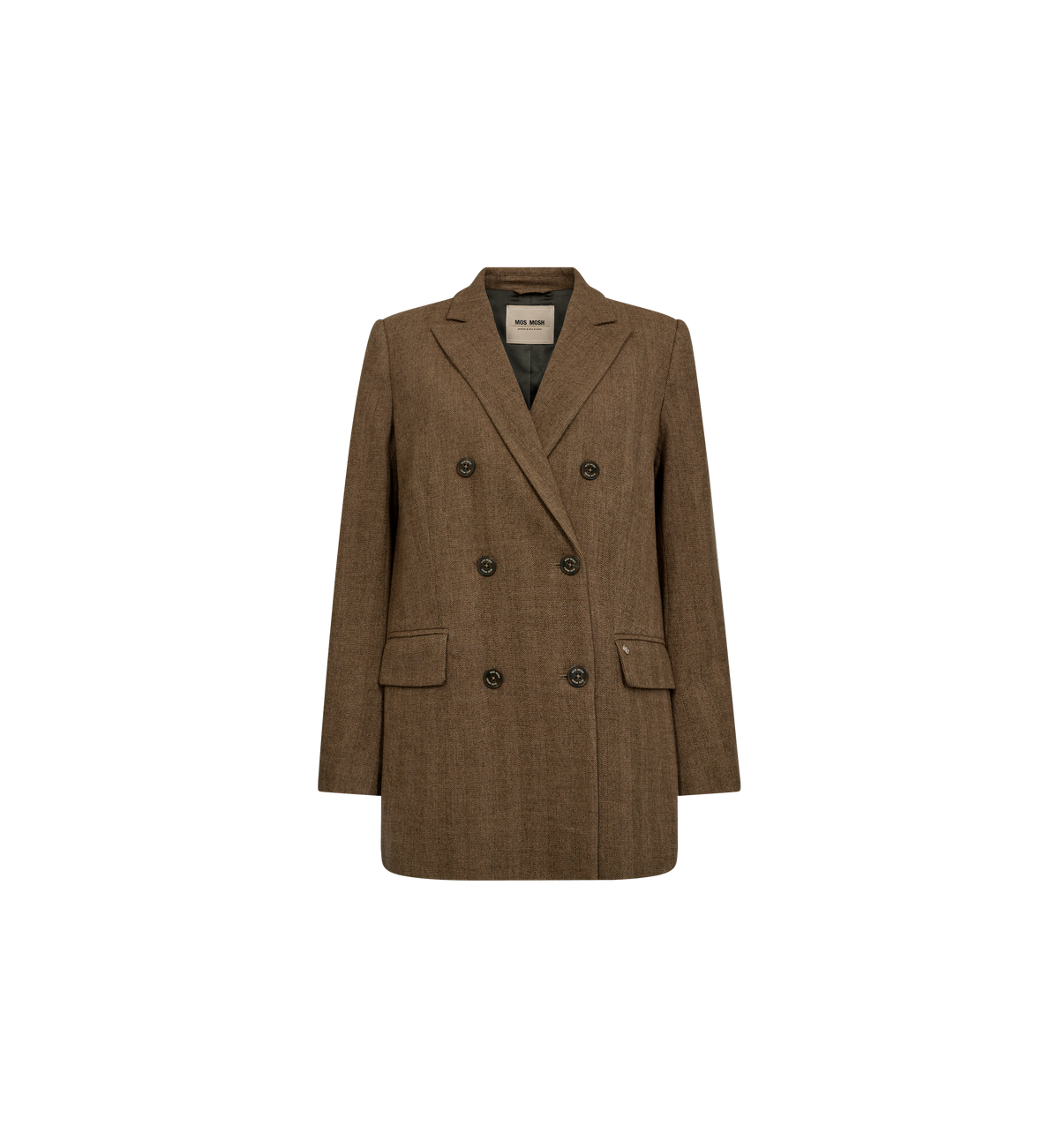 Mos Mosh Bethie Case Blazer in dark camel double-breasted wool blend on white background