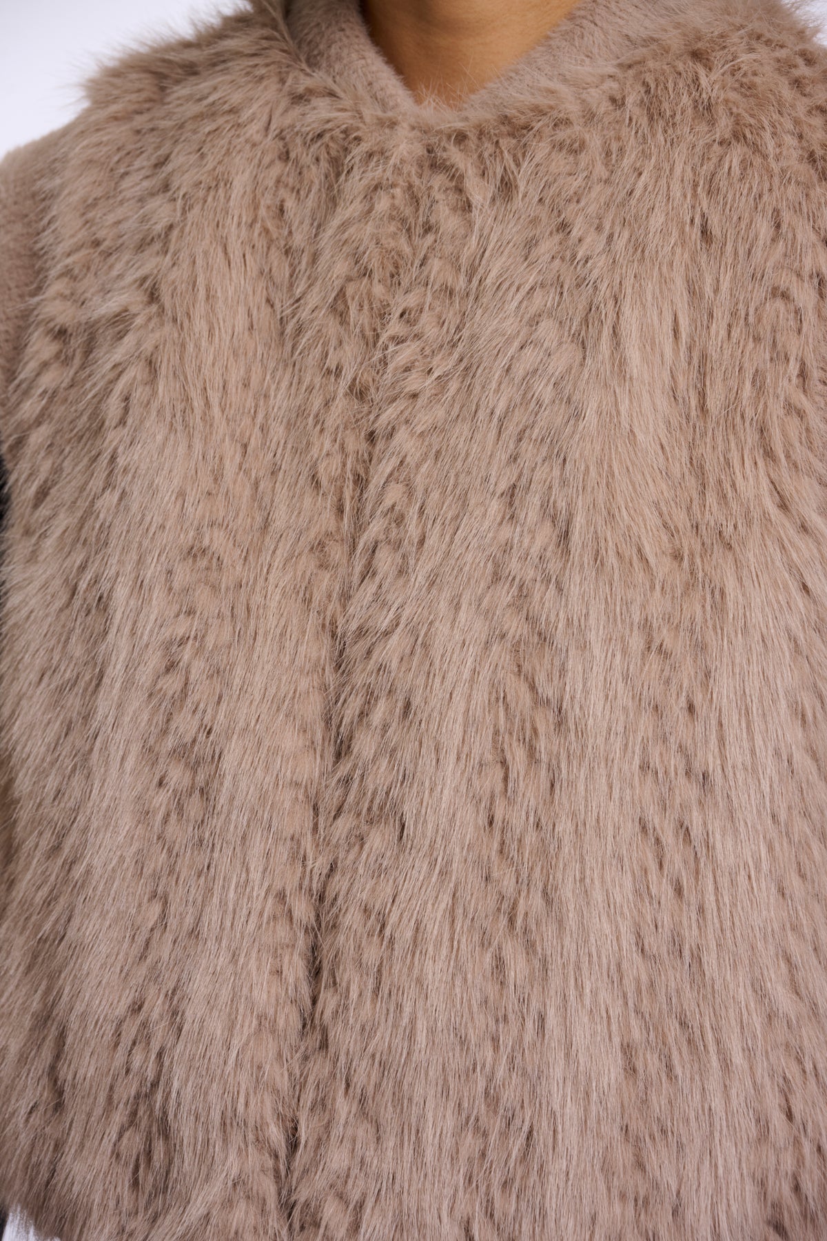 RINO & PELLE Alvita taupe faux fur coat close-up showing fluffy texture