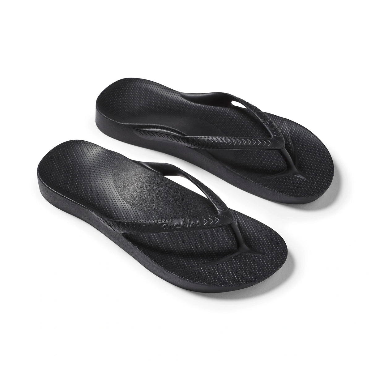 Archies black arch support flip flops pair shown on white background