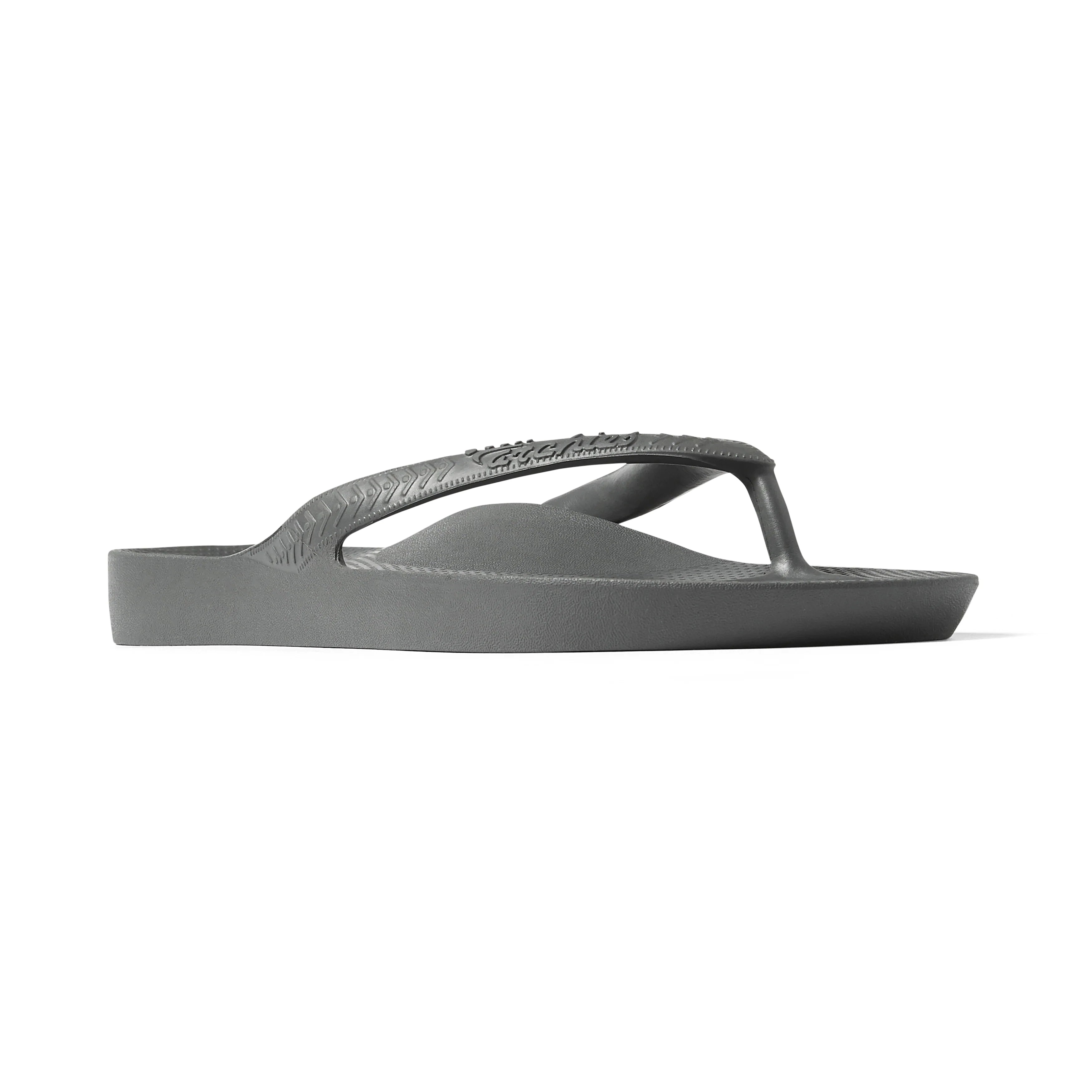 Archies Arch Support Flip Flops in charcoal grey shown from the side on white background