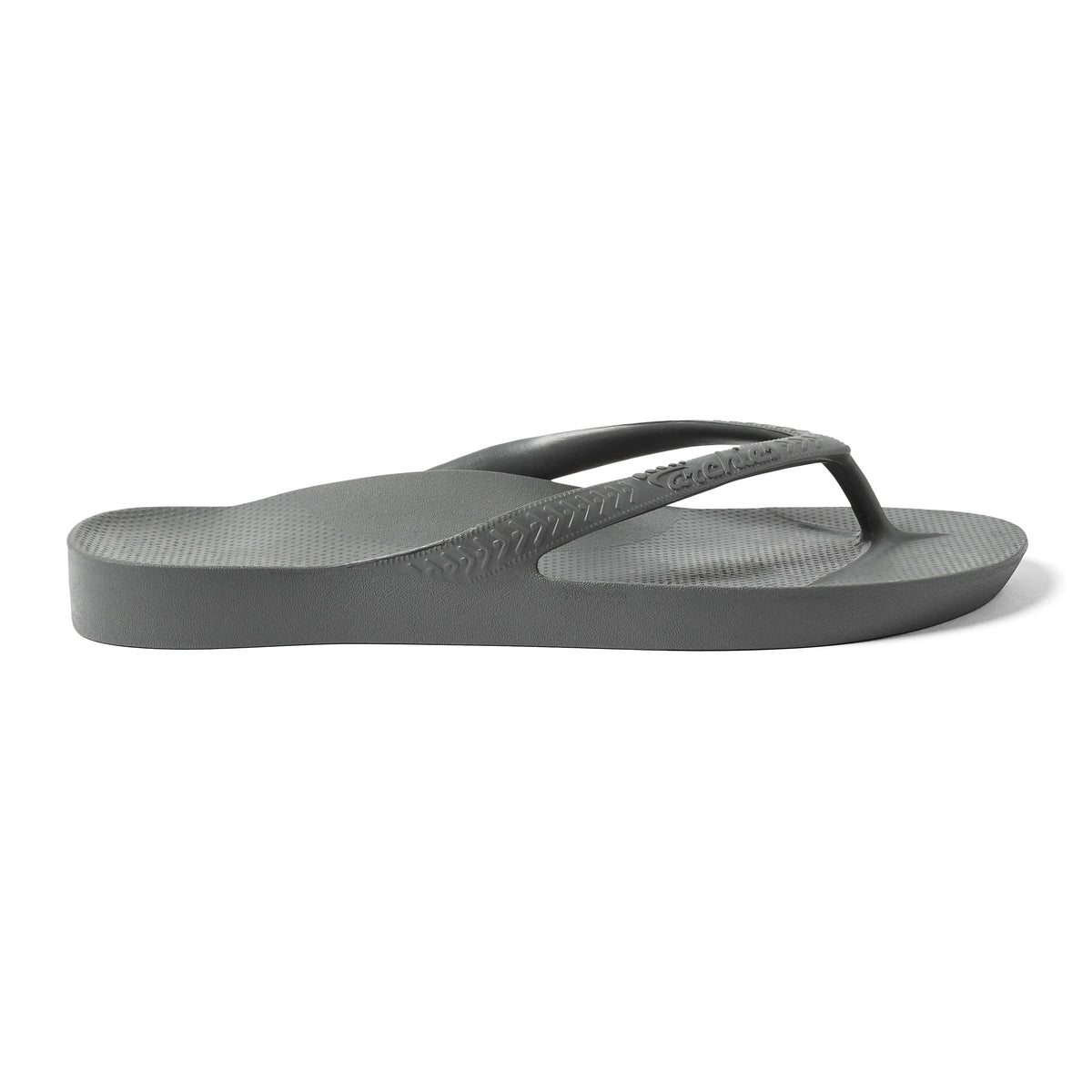 Archies arch support flip flop in charcoal grey shown from the side on white background
