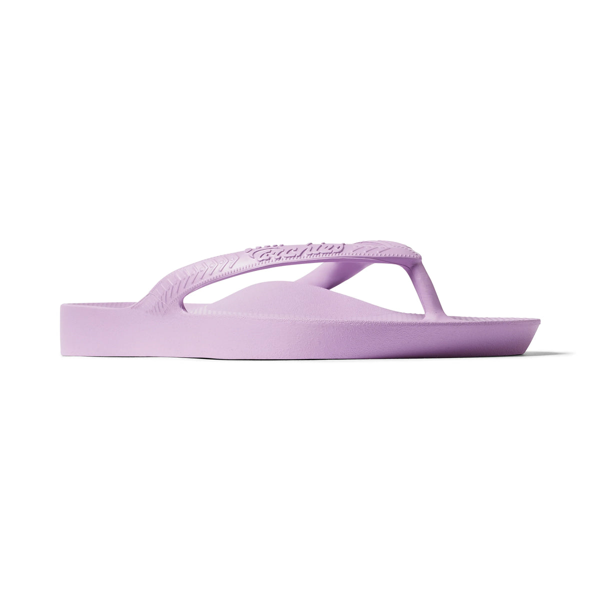 Archies arch support flip flop sandal in lilac purple, side profile view