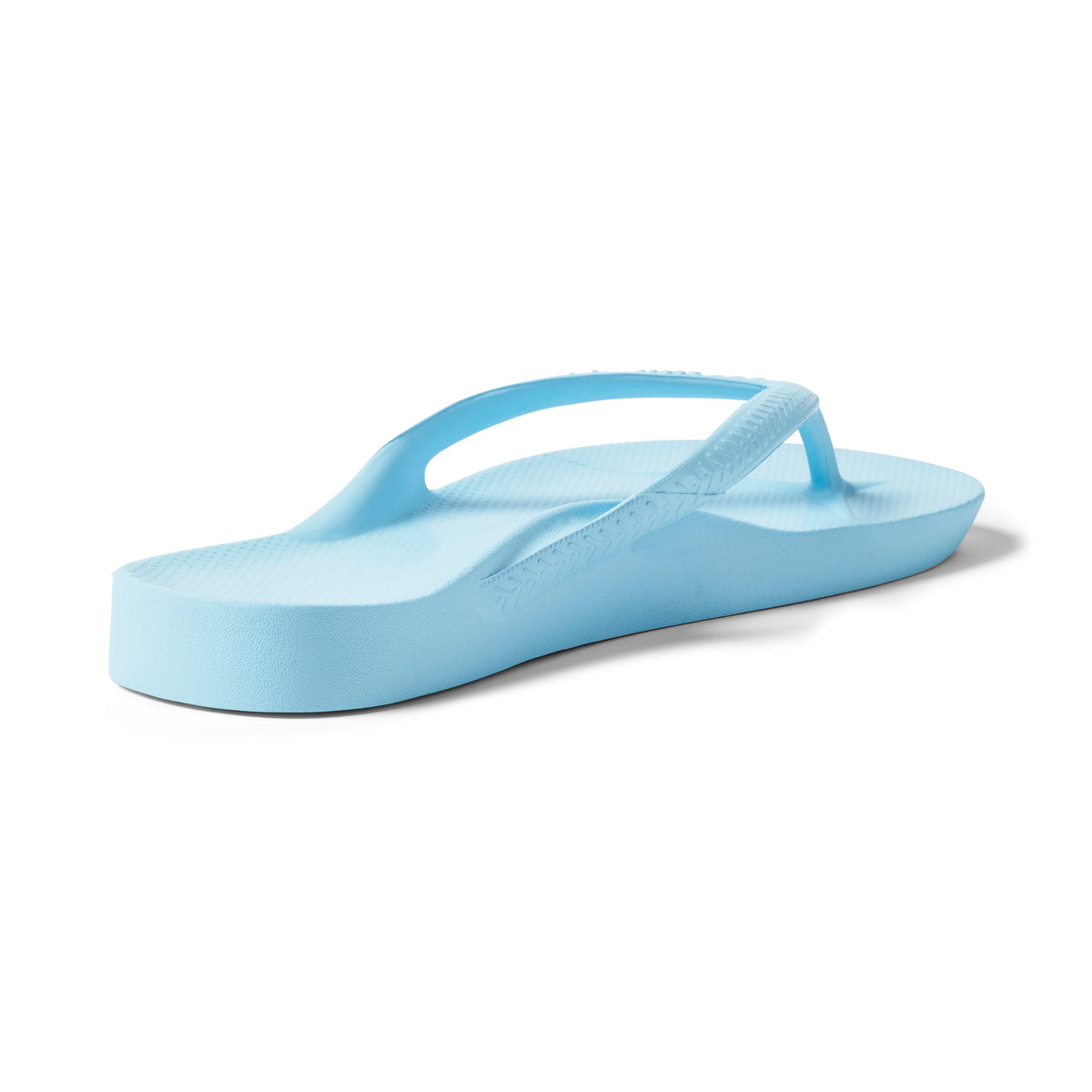 Archies Arch Support Flip Flops in sky blue, shown from rear angle on white background.
