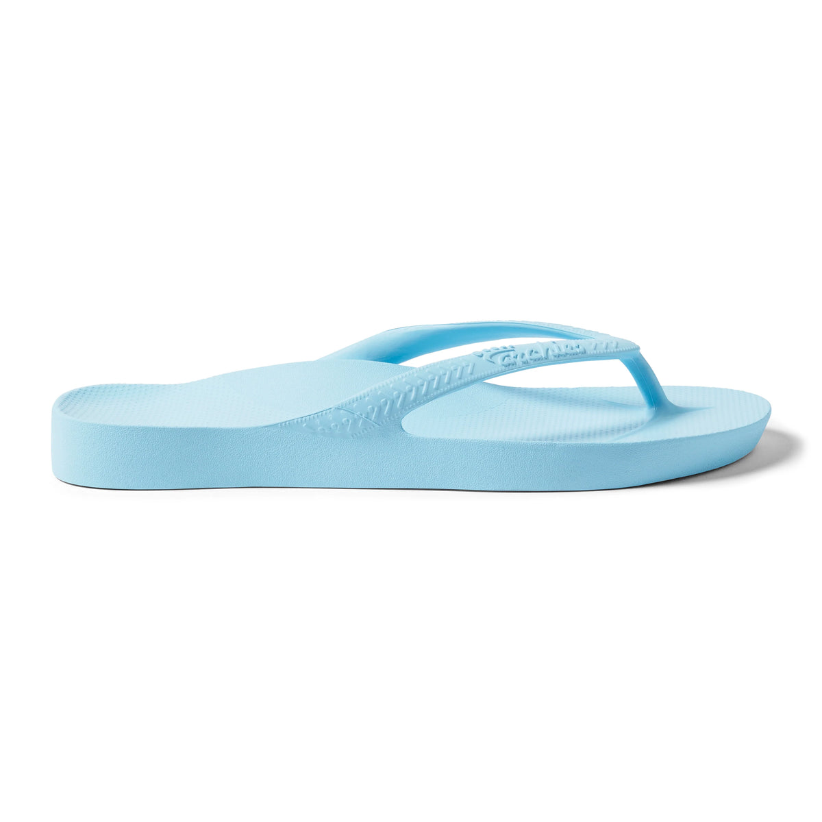 Archies sky blue arch support flip flop with toe post strap, side view