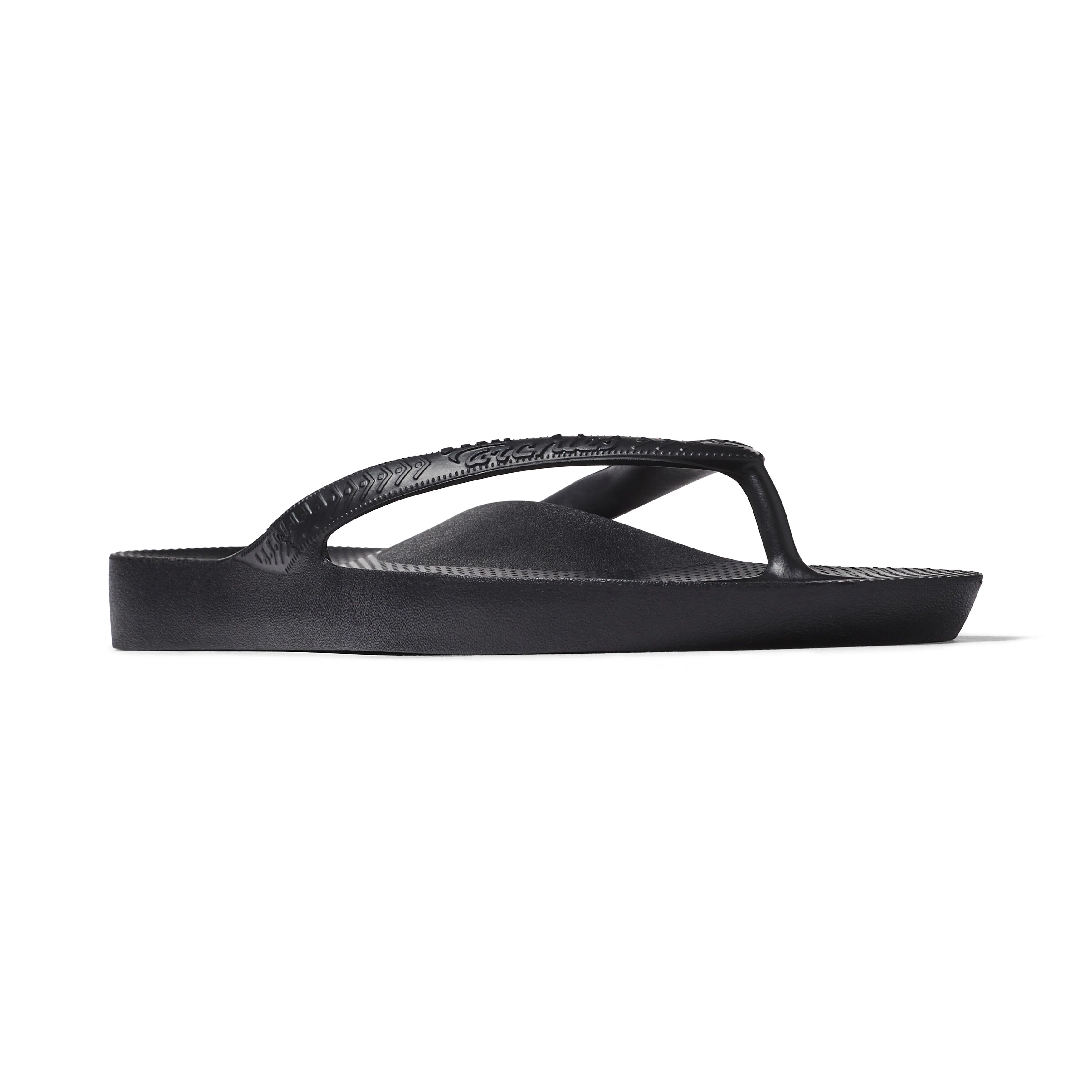 Archies black arch support flip flop sandal shown in side profile view