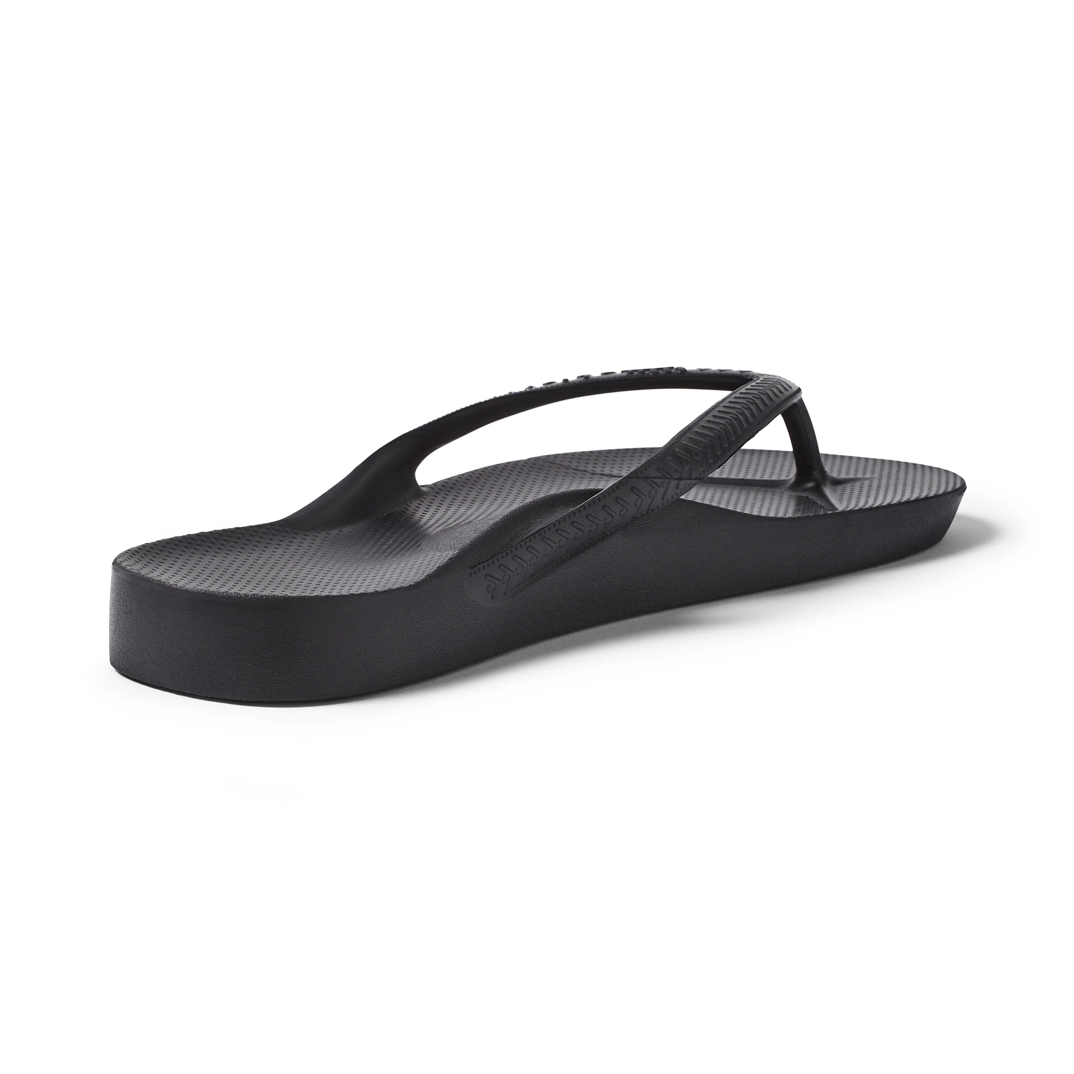 Archies black arch support flip flops shown from rear angle on white background