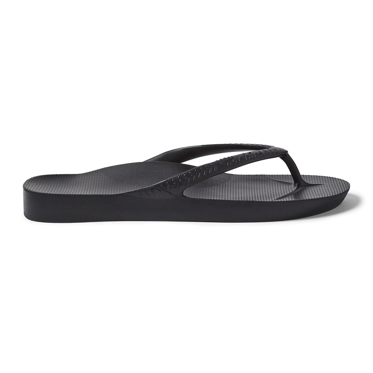 Archies black arch support flip flop sandal shown in side profile view