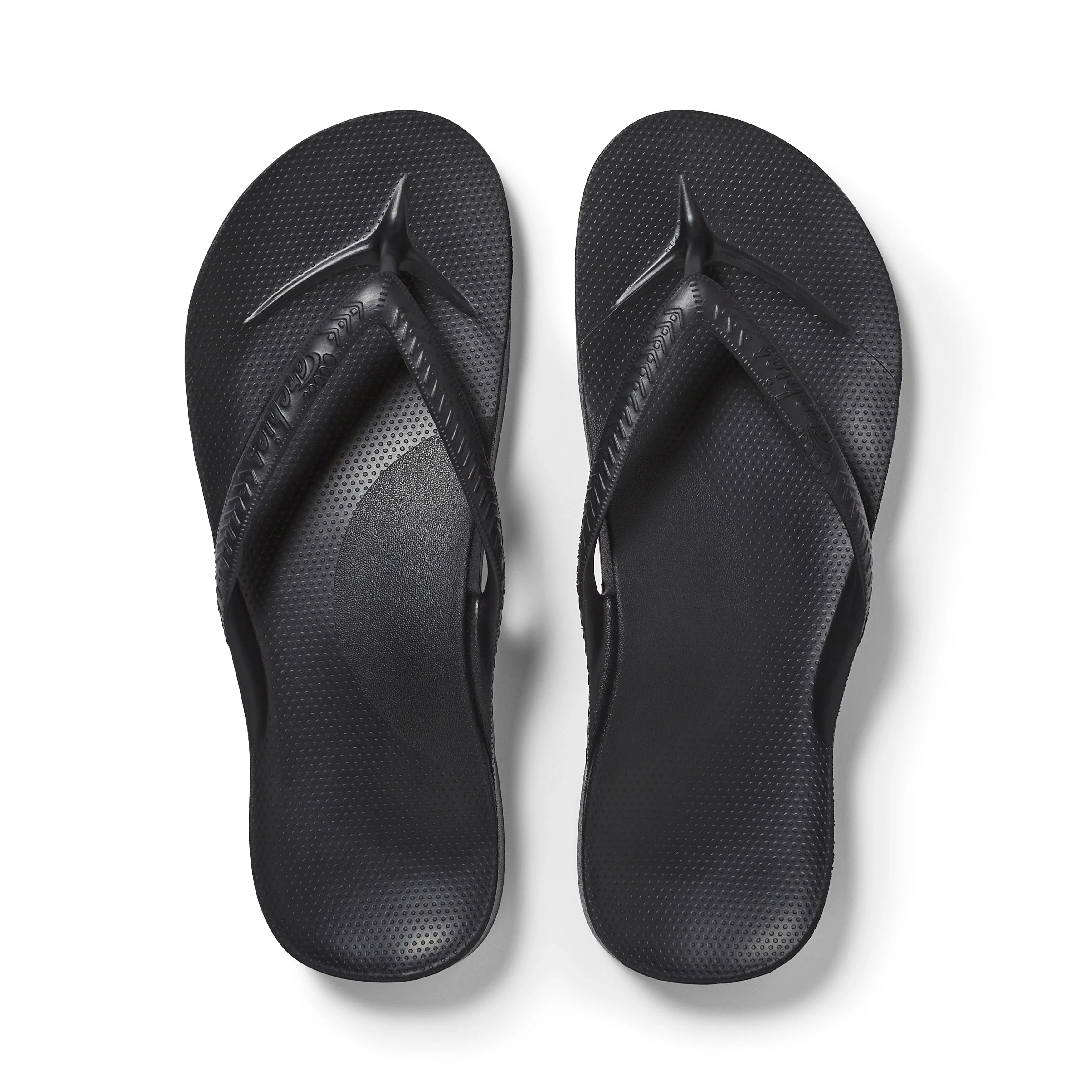 Archies black arch support flip flops shown from top-down view on white background