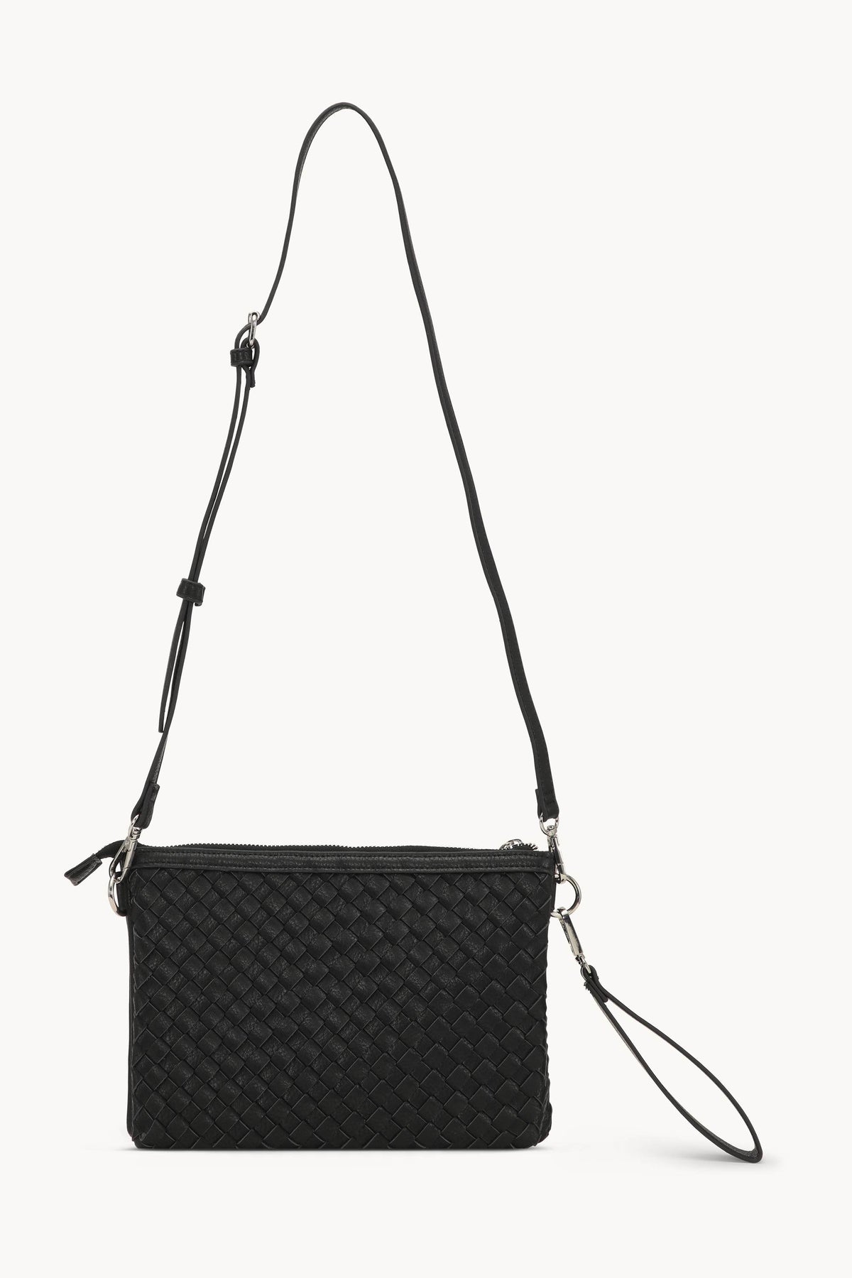Ilse Jacobsen black woven leather crossbody bag with adjustable strap and wristlet handle