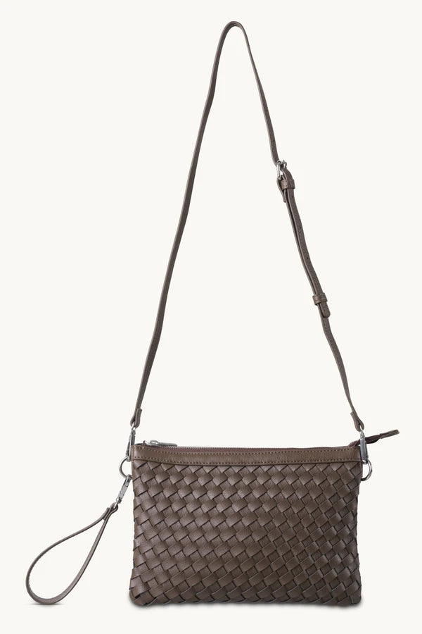 Ilse Jacobsen taupe woven leather crossbody bag with adjustable strap and zipper closure