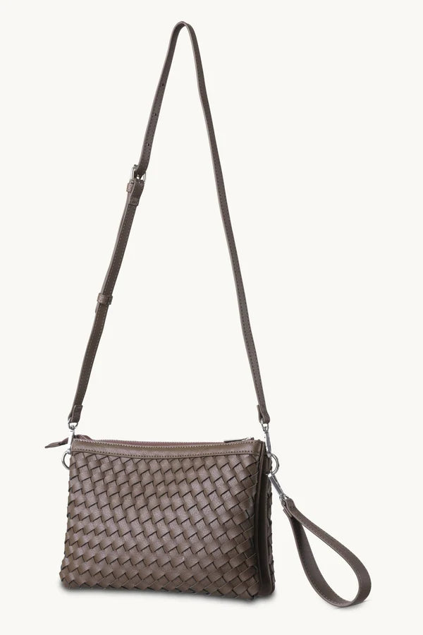 Ilse Jacobsen taupe woven leather crossbody bag with adjustable strap and wristlet