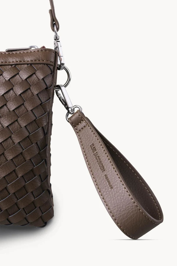 Ilse Jacobsen dark brown woven leather bag with taupe wristlet strap and silver hardware