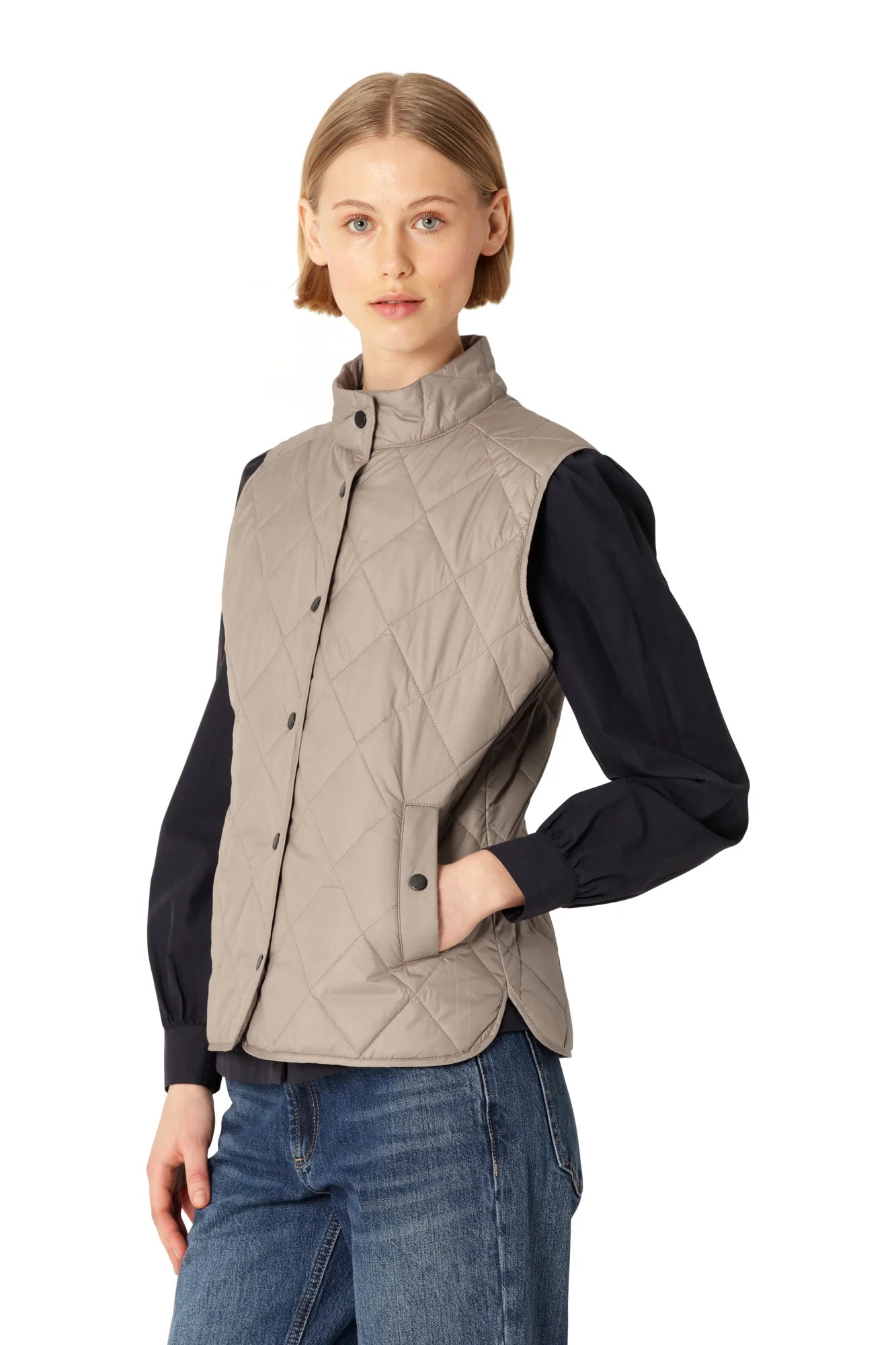 Ilse Jacobsen BEAT01 taupe quilted sleeveless vest with snap buttons and stand collar