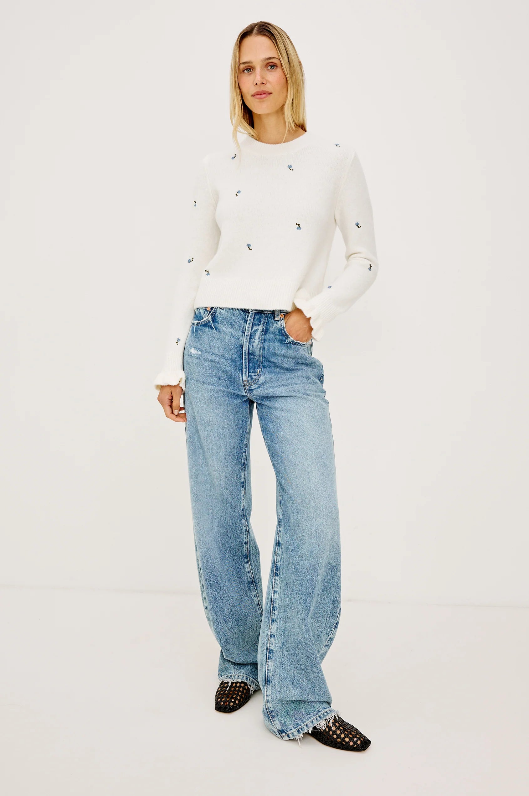 Rails Bettie white floral embroidered crewneck sweater, long sleeves, worn with wide-leg jeans