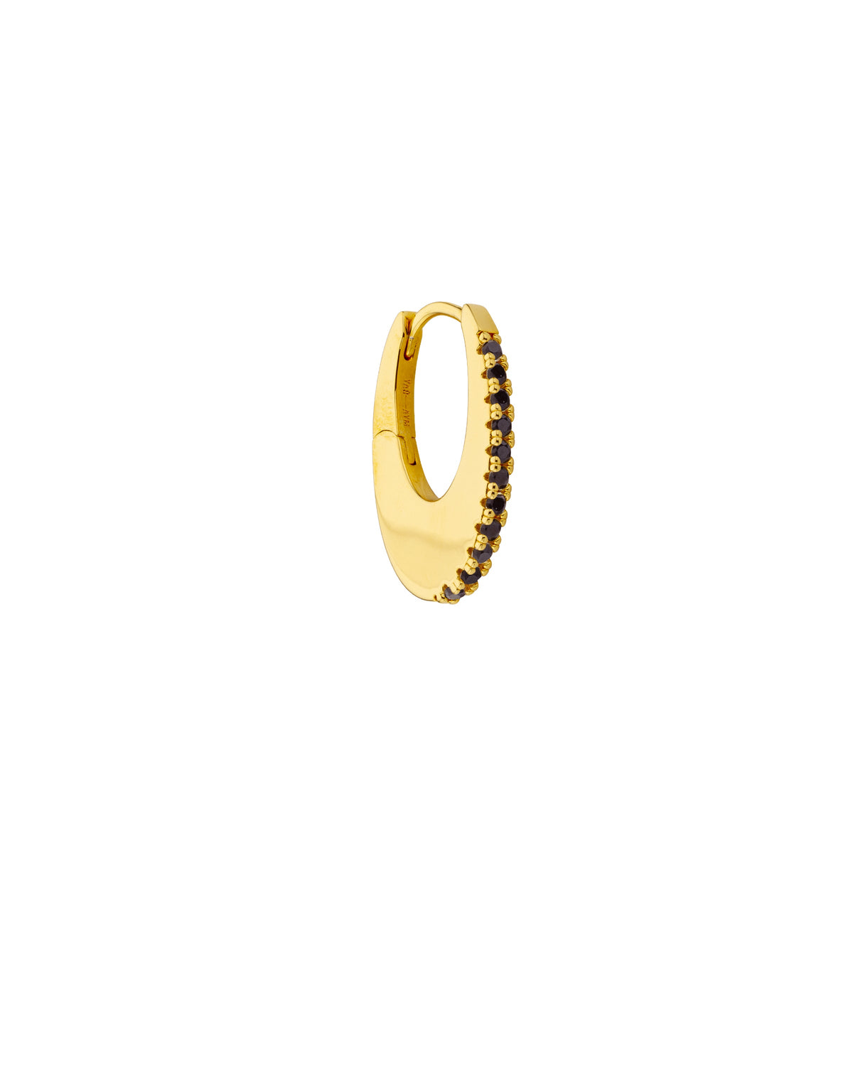 MYA-BAY Black Stellar gold hoop earring with black pavé stones on white background