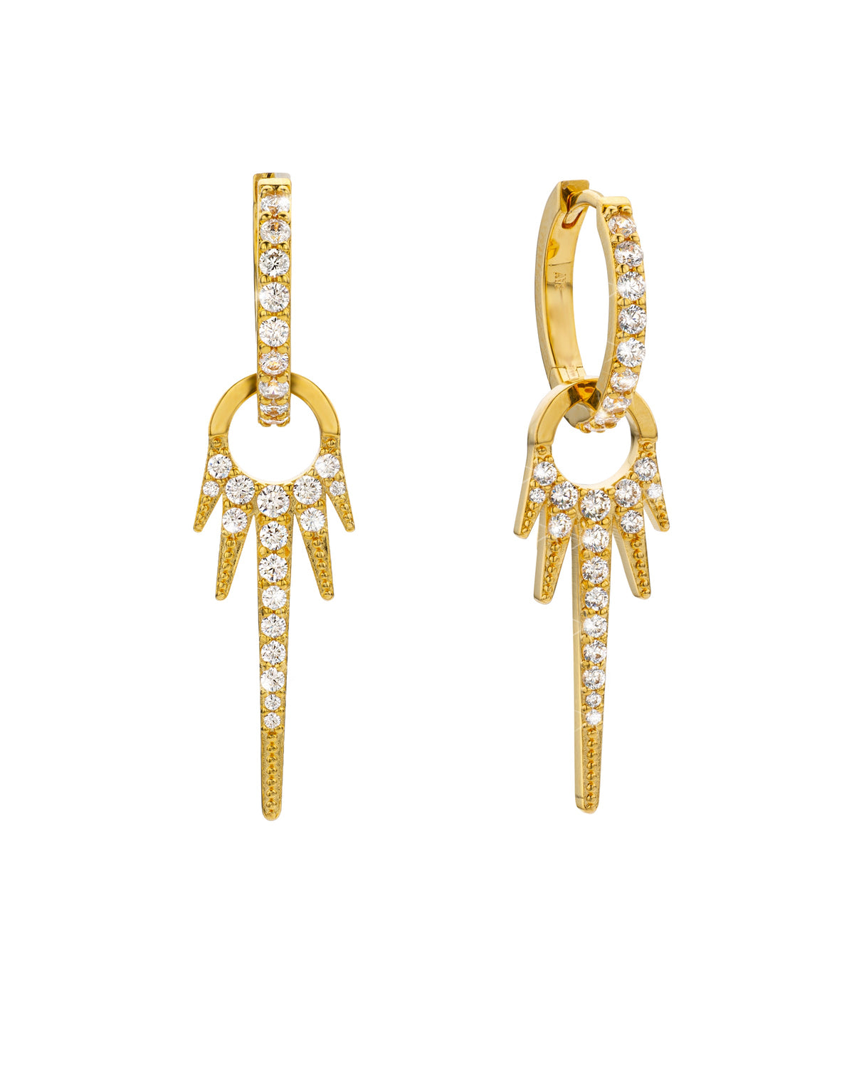 MYA-BAY FIRE gold hoop earrings with diamond-set sunburst fringe pendants