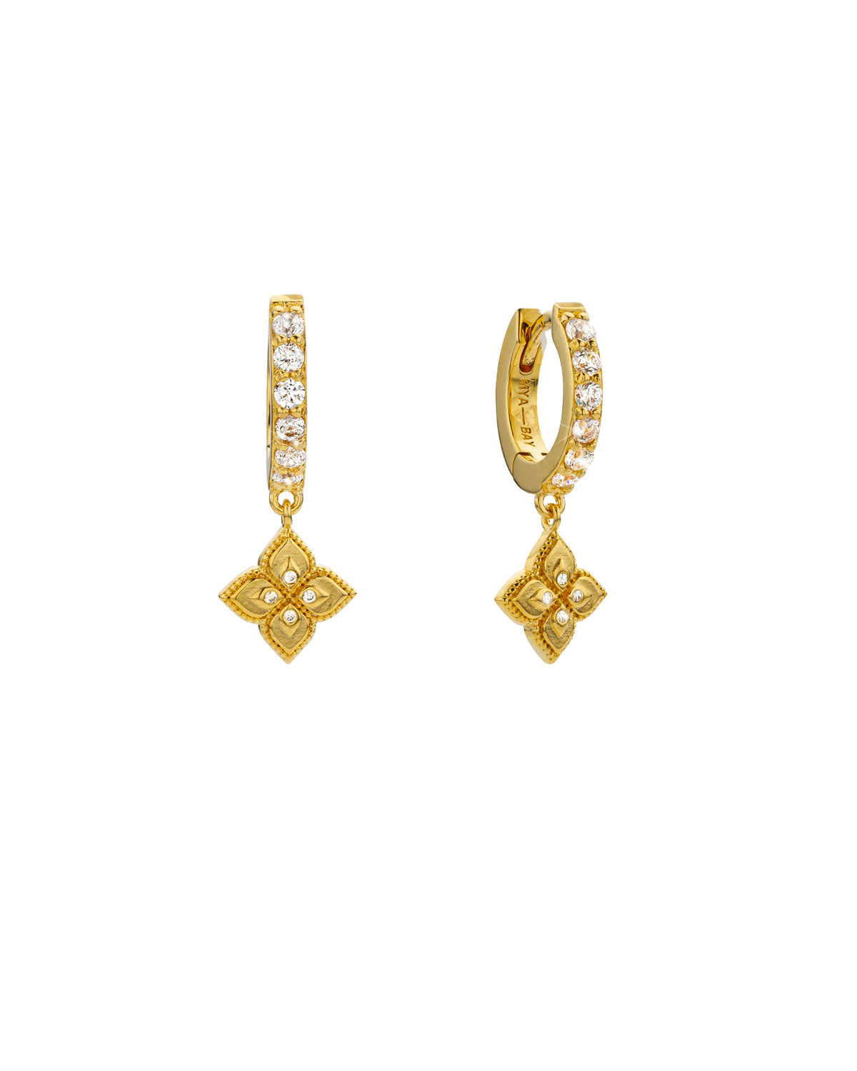 MYA-BAY Lotus Delhi gold hoop earrings with crystal pavé and floral charm drops