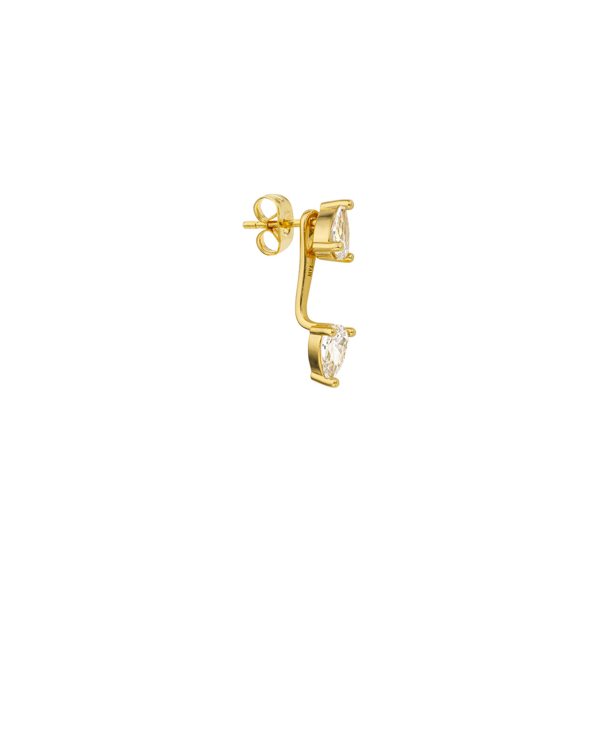 Gold earring with two pear-shaped crystal stones on a branch-style setting, side view