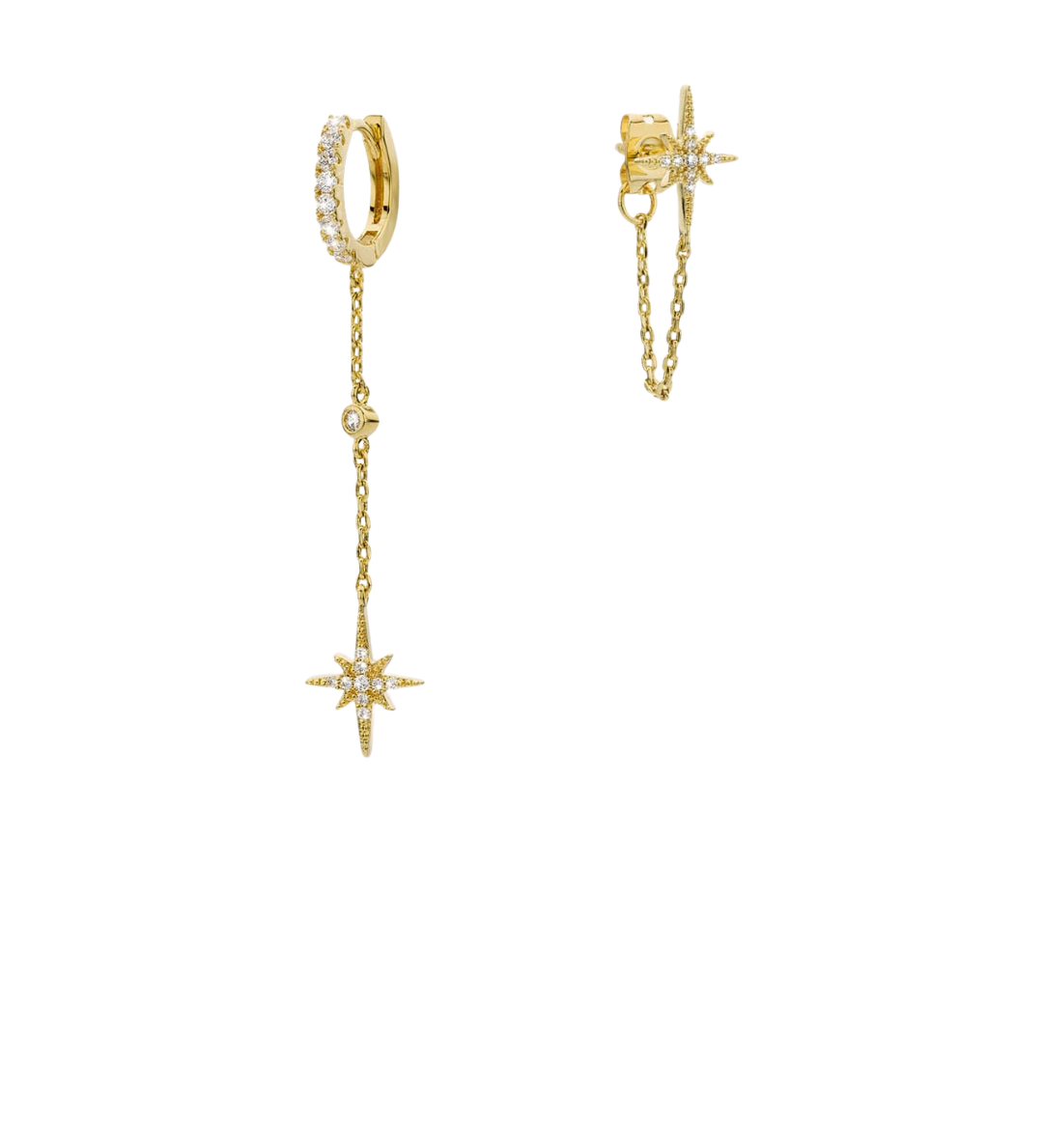 Gold north star drop earrings with pavé huggie hoop and delicate chain, two views