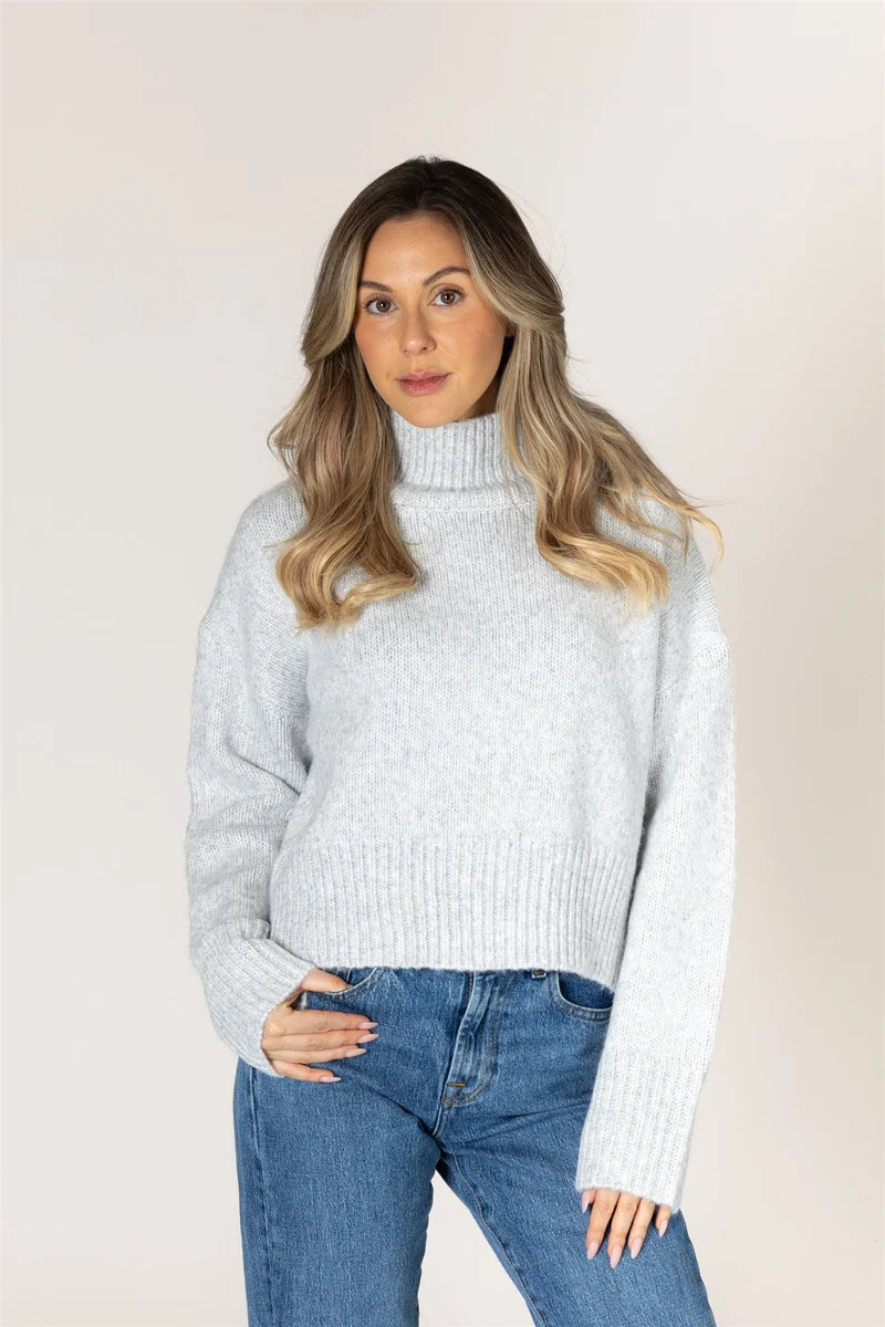 Lyla & Luxe Calli light grey turtleneck knit sweater with ribbed cuffs and hem