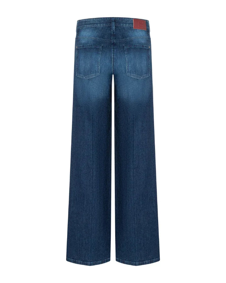 Back view of Cambio Aimee wide-leg jeans in lefthand stoned used dark blue denim wash