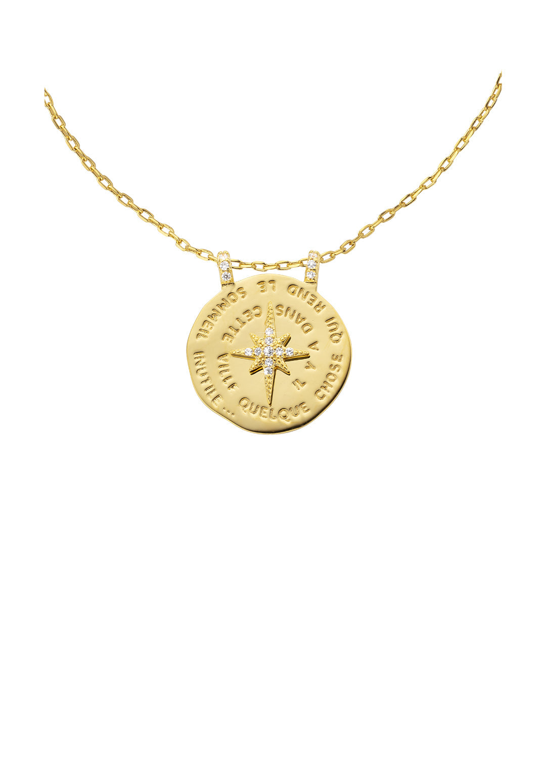 MYA-BAY Diwali Declaration gold coin necklace with crystal north star pendant and French inscription