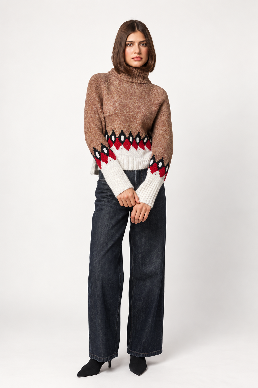 Model wearing Line the Label Louisa turtleneck sweater in Fireplace Crackle with wide-leg dark jeans