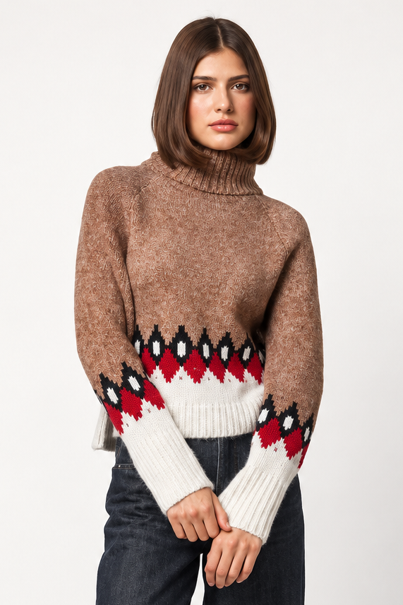 Model wearing Line the Label Louisa turtleneck sweater in Fireplace Crackle with wide-leg dark jeans