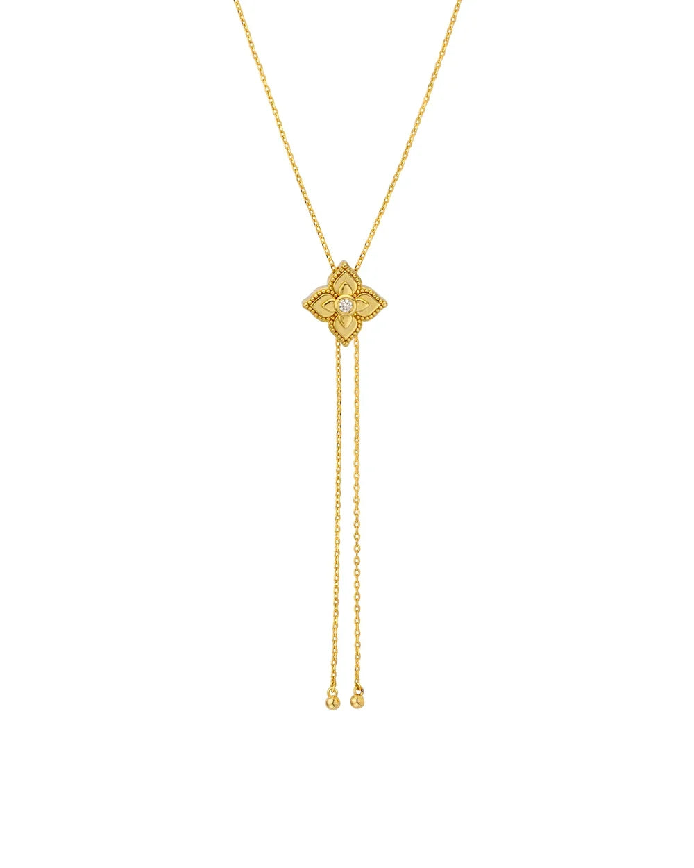 MYA-BAY Lotus Bolo necklace in gold with floral pendant and dangling chain ends